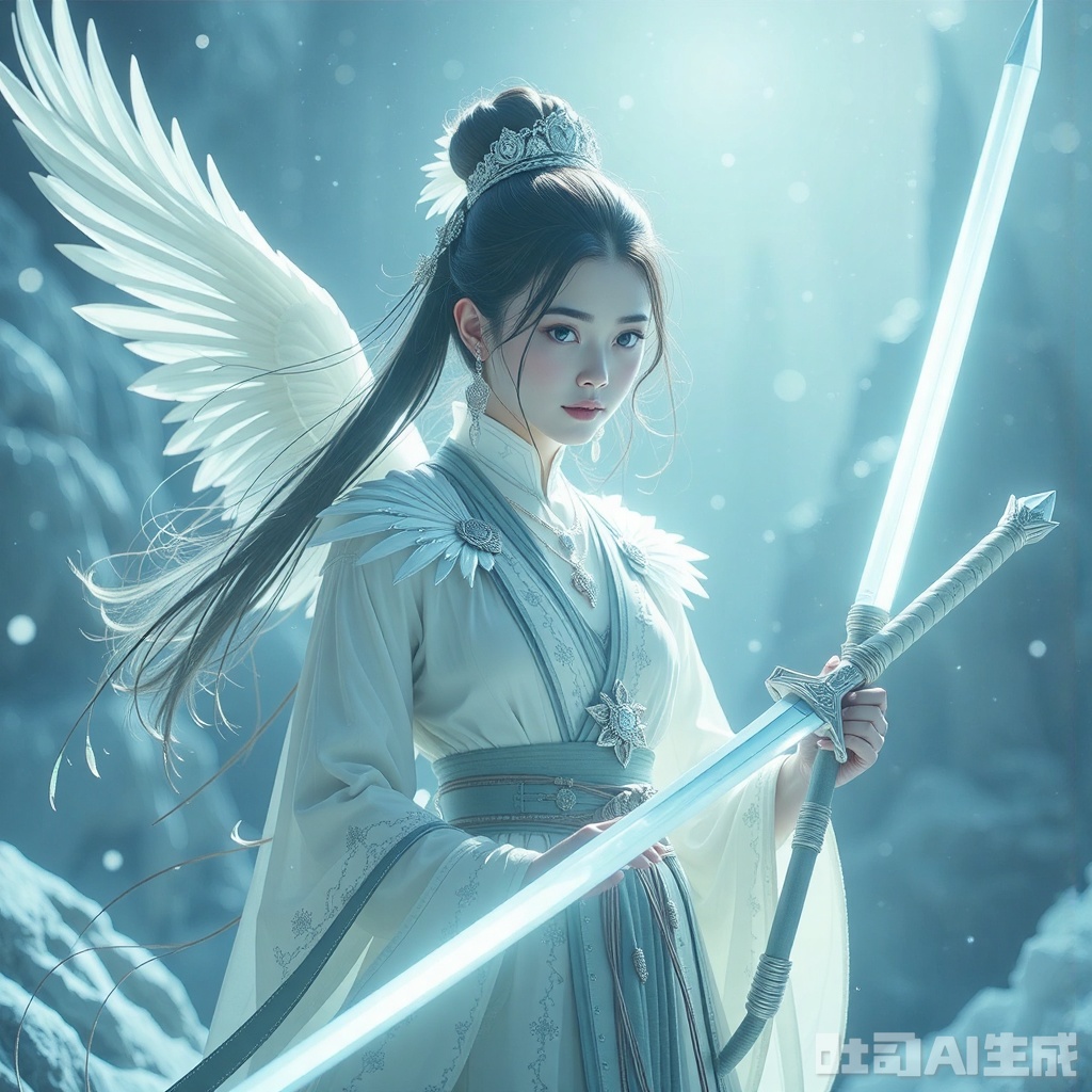  1girl,White robe, silver thread, cash, Eagle Feather, sword in hand, sword in hand, superior to all living beings, land of ice and snow, silver world, Crystal Snowflake, cold light, magnificent fortitude, superb swordsmanship, bing Xin on the chest, 1girl, glow,Hazy light,Floodlight