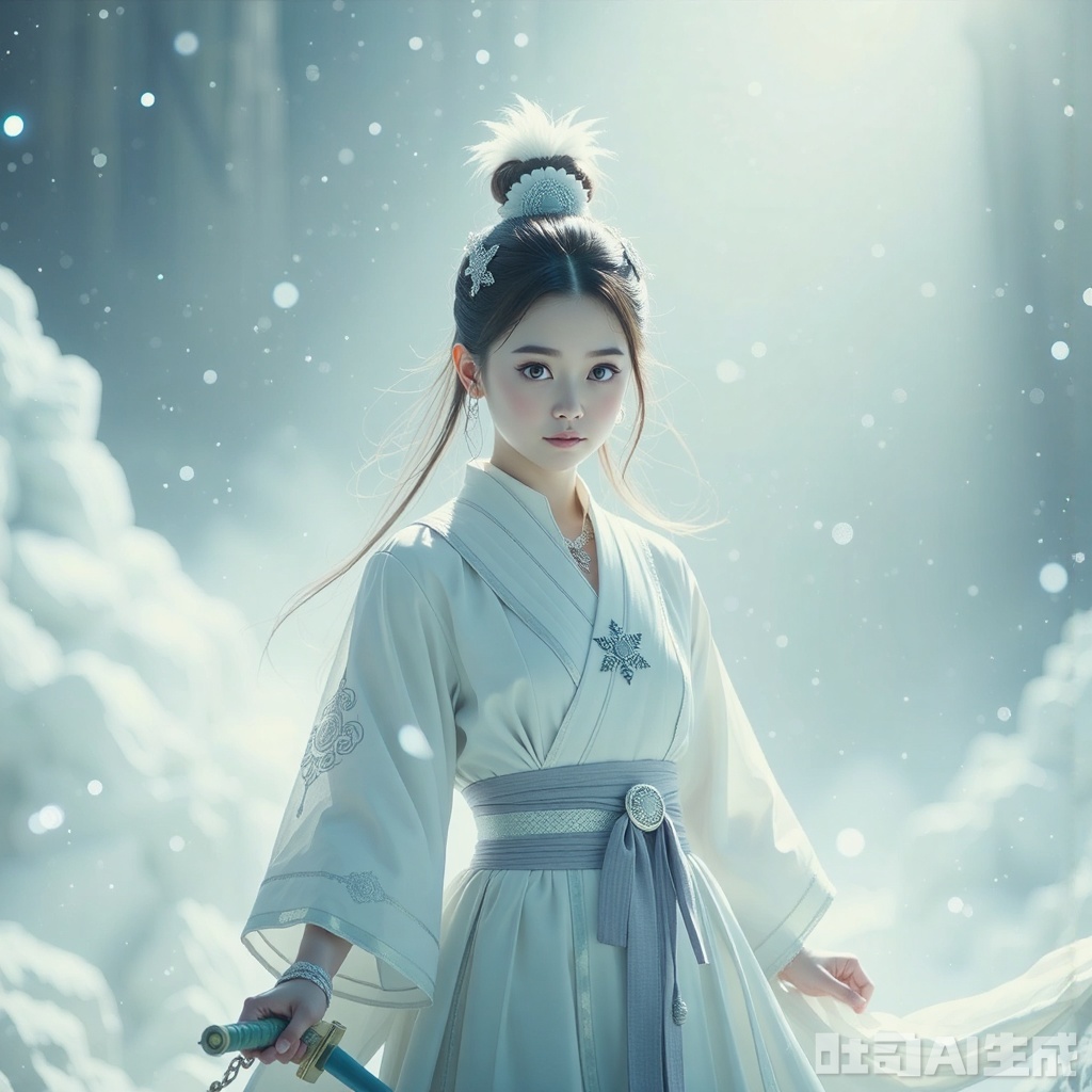  1girl,White robe, silver thread, cash, Eagle Feather, sword in hand, sword in hand, superior to all living beings, land of ice and snow, silver world, Crystal Snowflake, cold light, magnificent fortitude, superb swordsmanship, bing Xin on the chest, 1girl, glow,Hazy light,Floodlight