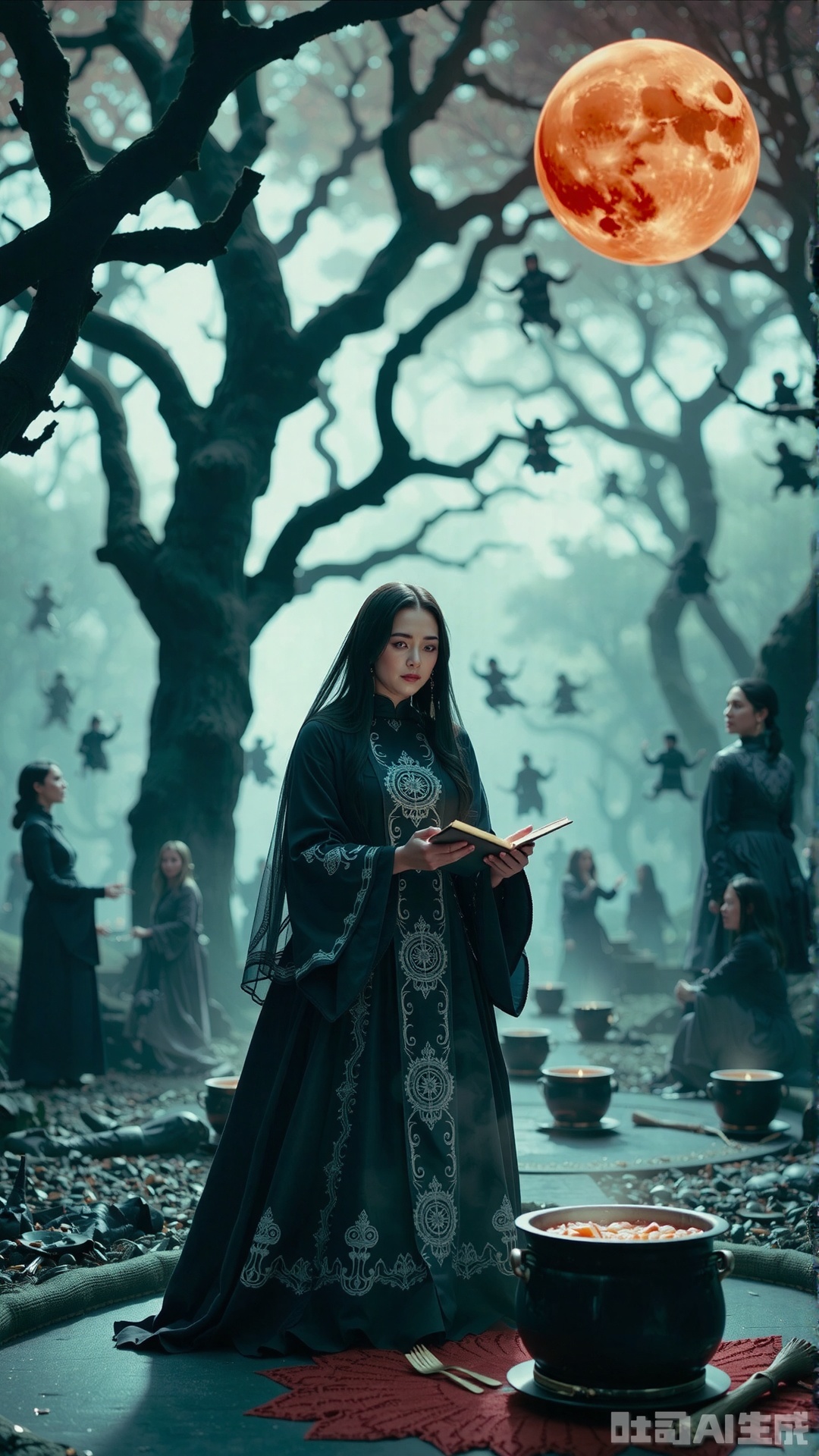 In a haunted forest under a blood - red moon, a witch in a black gothic dress stands beside a bubbling cauldron. The dress is embroidered with arcane symbols in silver thread. Using her magic to create a depth - of - field effect, the gnarled trees and floating spirits blur, spotlighting her as she chants ancient incantations.,vivid color,Oriental Aesthetics