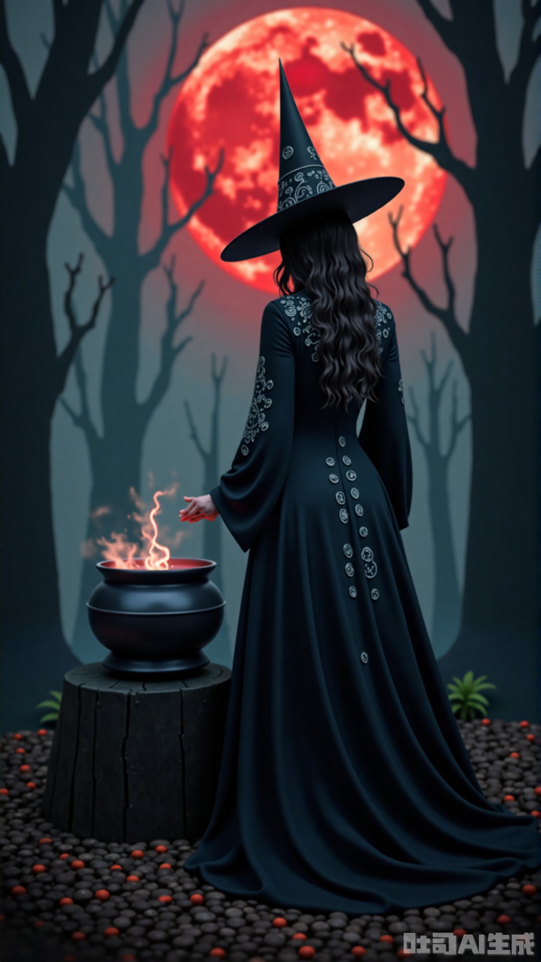 In a haunted forest under a blood - red moon, a witch in a black gothic dress stands beside a bubbling cauldron. The dress is embroidered with arcane symbols in silver thread. Using her magic to create a depth - of - field effect, the gnarled trees and floating spirits blur, spotlighting her as she chants ancient incantations.,vivid color,Oriental Aesthetics