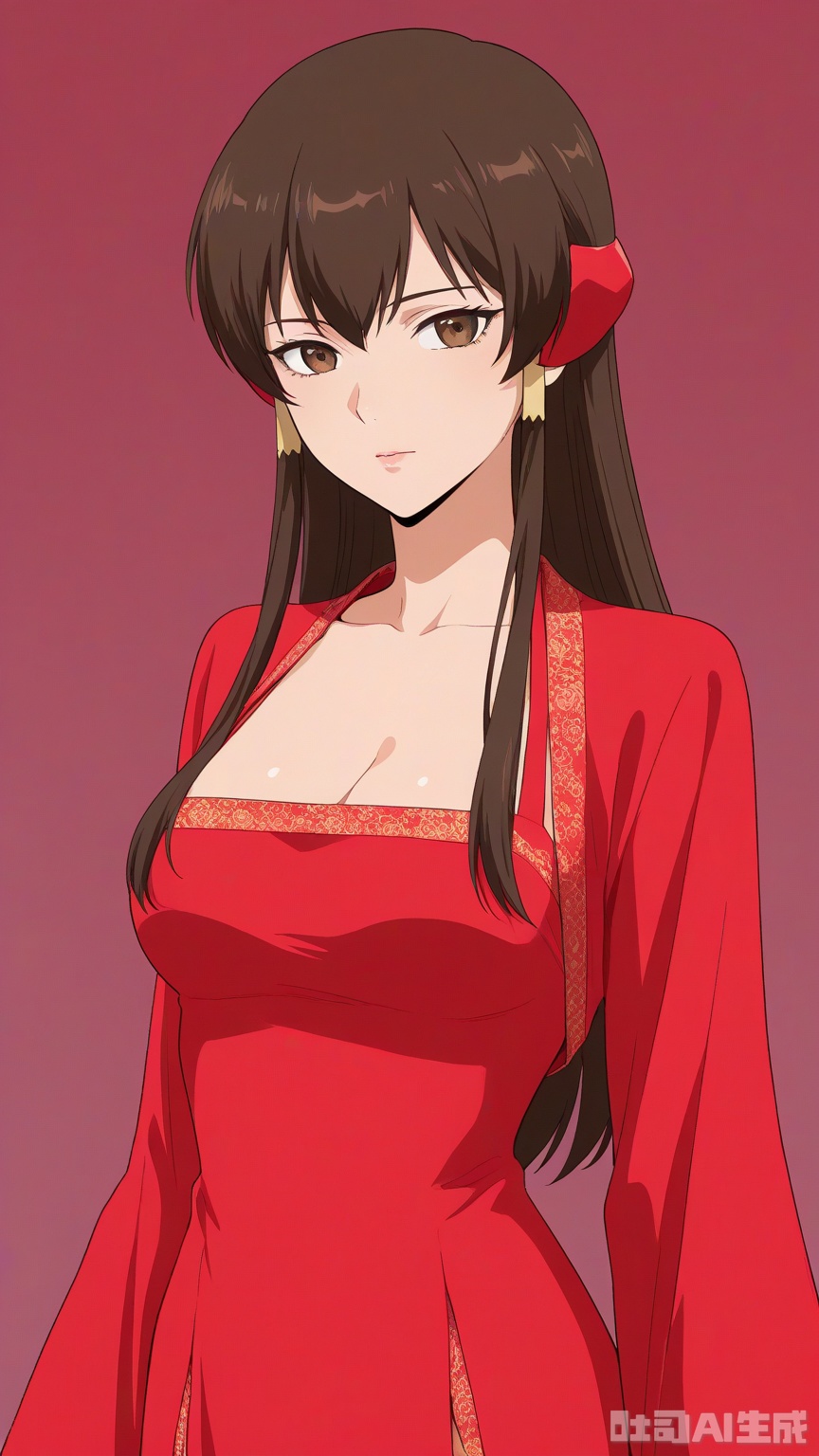 general, sfw, Glossy background, anime,1woman, brown eyes, solo, breast, exquisite skin, looking at viewer, very awa, red dudou, red clothes