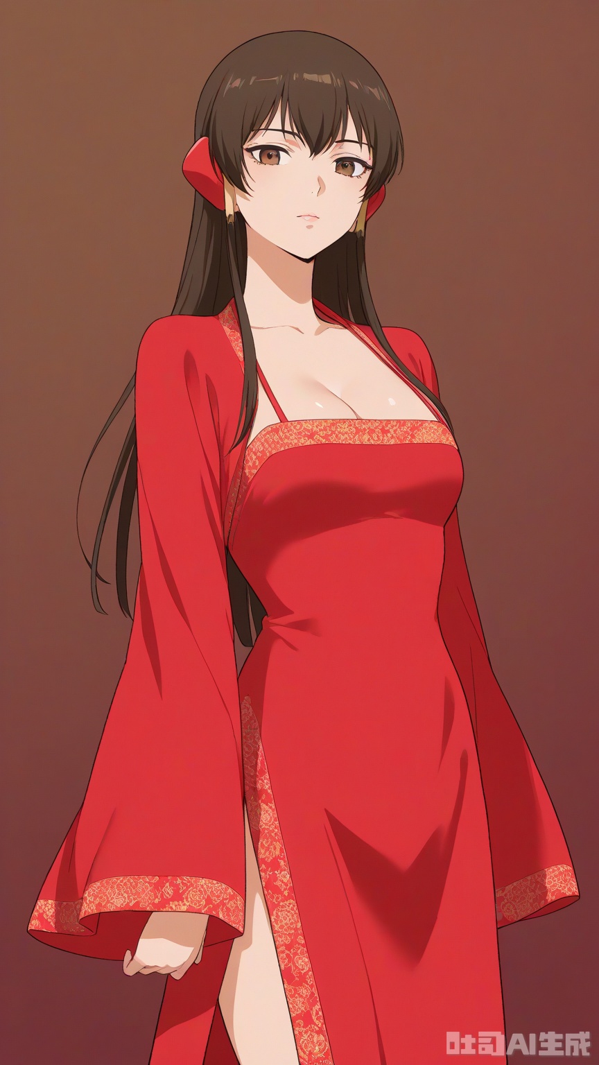 general, sfw, Glossy background, anime,1woman, brown eyes, solo, breast, exquisite skin, looking at viewer, very awa, red dudou, red clothes
