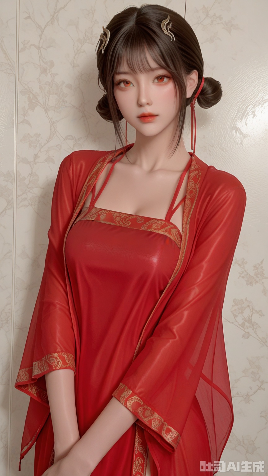 general, sfw, Glossy background, anime,1woman, brown eyes, solo, breast, exquisite skin, looking at viewer, very awa, red dudou, red clothes