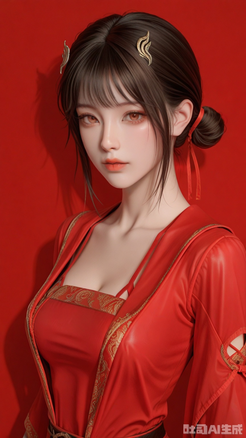 general, sfw, Glossy background, anime,1woman, brown eyes, solo, breast, exquisite skin, looking at viewer, very awa, red dudou, red clothes