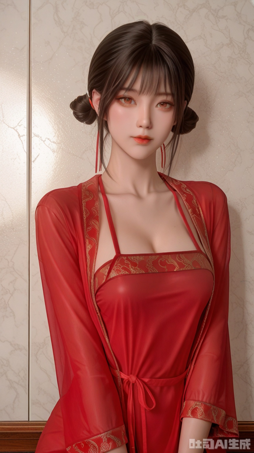 general, sfw, Glossy background, anime,1woman, brown eyes, solo, breast, exquisite skin, looking at viewer, very awa, red dudou, red clothes