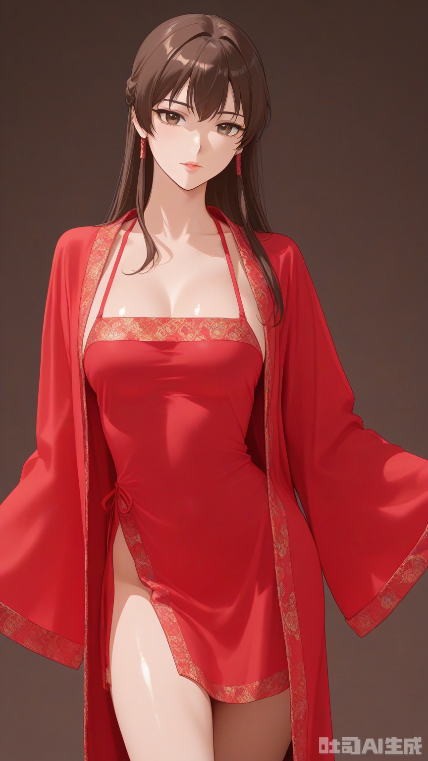 general, sfw, Glossy background, anime,1woman, brown eyes, solo, breast, exquisite skin, looking at viewer, very awa, red dudou, red clothes, cowboy_shot