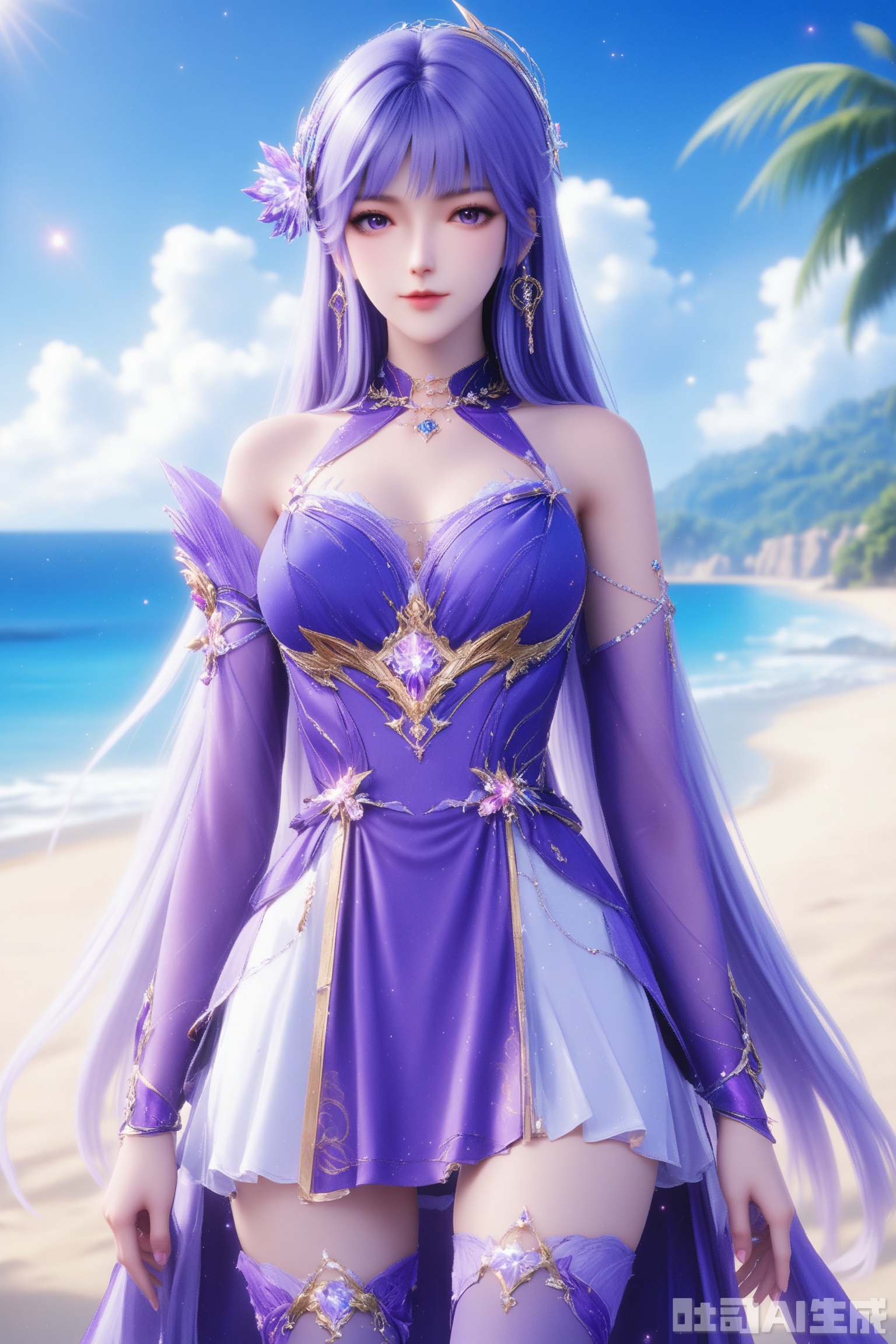 1girl, solo, long hair, breasts, looking at viewer, blue eyes, hair ornament, thighhighs, dress, bare shoulders, jewelry, purple eyes, purple hair, earrings, detached sleeves,purple dress,masterpiece,best quality,official art,extremely detailed CG unity 8k wallpaper,on the beach,on the beach,Thigh exposed,thighhighs,looking at viewer,