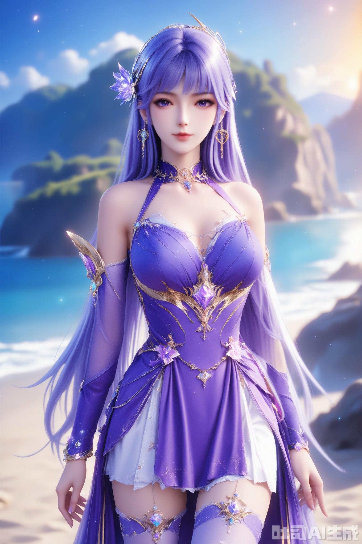 1girl, solo, long hair, breasts, looking at viewer, blue eyes, hair ornament, thighhighs, dress, bare shoulders, jewelry, purple eyes, purple hair, earrings, detached sleeves,purple dress,masterpiece,best quality,official art,extremely detailed CG unity 8k wallpaper,on the beach,on the beach,Thigh exposed,thighhighs,looking at viewer,