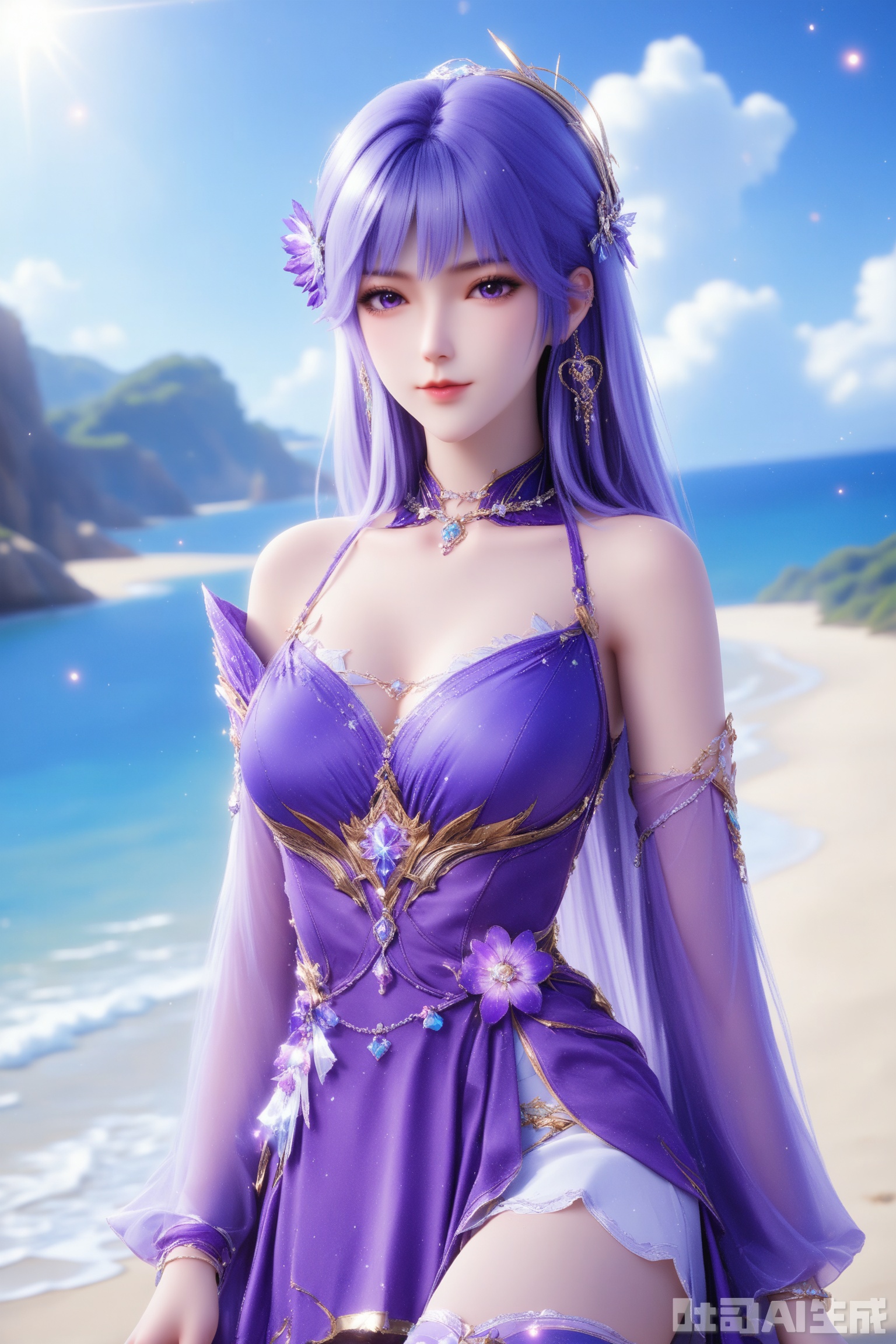1girl, solo, long hair, breasts, looking at viewer, blue eyes, hair ornament, thighhighs, dress, bare shoulders, jewelry, purple eyes, purple hair, earrings, detached sleeves,purple dress,masterpiece,best quality,official art,extremely detailed CG unity 8k wallpaper,on the beach,on the beach,Thigh exposed,thighhighs,looking at viewer,
