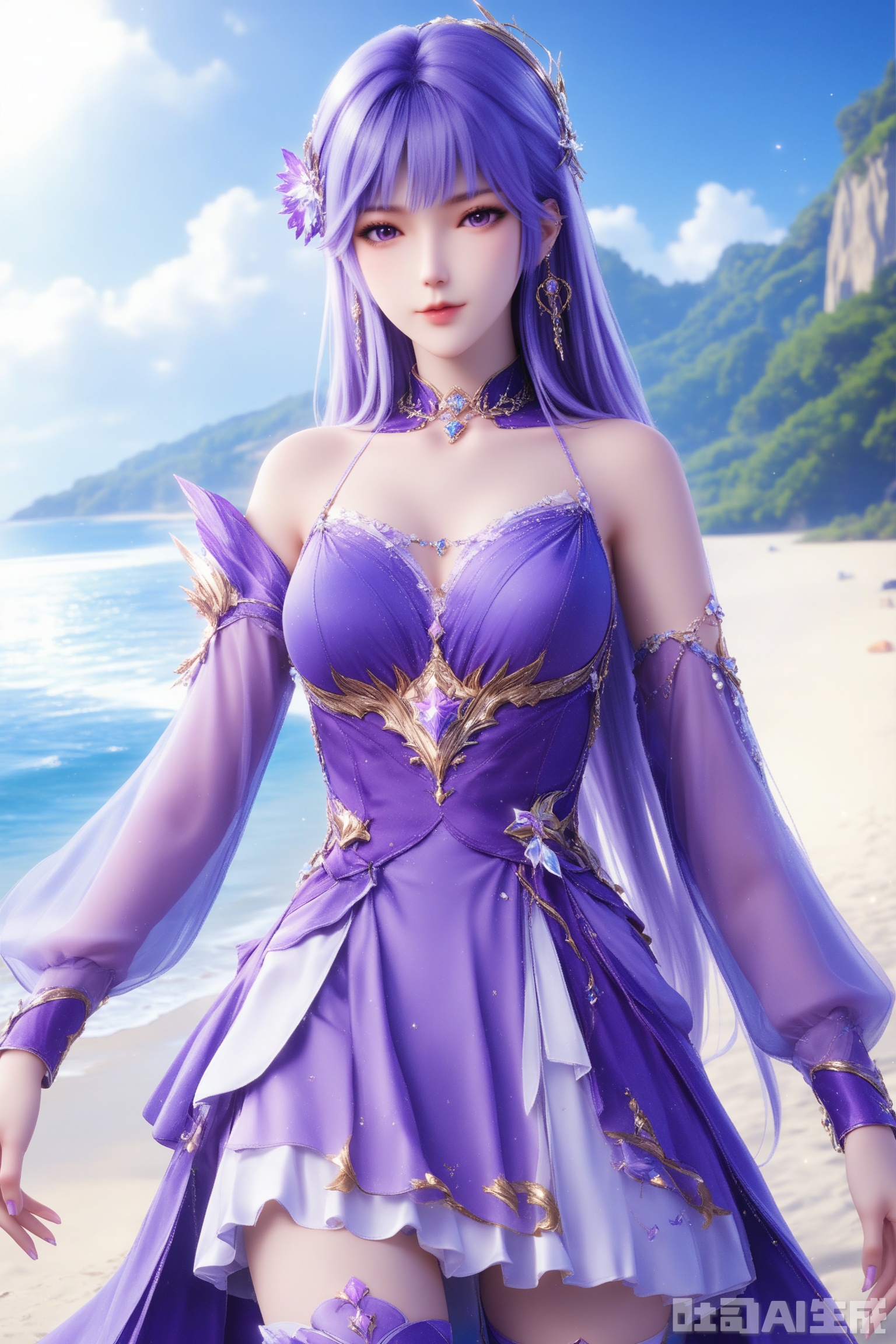1girl, solo, long hair, breasts, looking at viewer, blue eyes, hair ornament, thighhighs, dress, bare shoulders, jewelry, purple eyes, purple hair, earrings, detached sleeves,purple dress,masterpiece,best quality,official art,extremely detailed CG unity 8k wallpaper,on the beach,on the beach,Thigh exposed,thighhighs,looking at viewer,