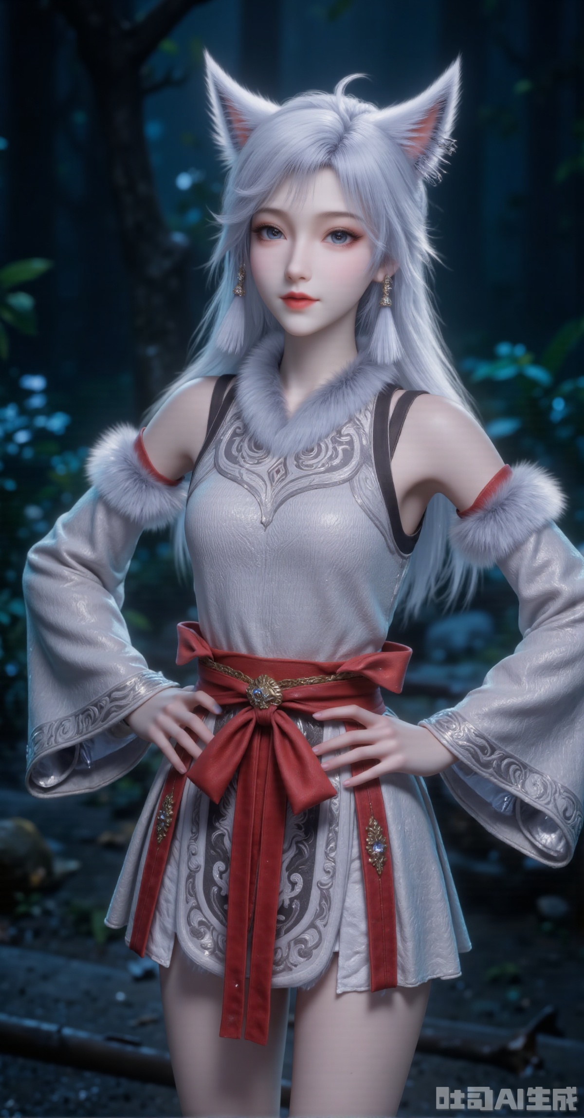 "A silver-fox-eared girl with long metallic gray hair, her fluffy white ears twitching slightly, strands subtly highlighted with pale blue. Wearing a sleeveless light gray top intricately embroidered with cloud and scroll motifs, shoulders adorned with pom-pom-like white fur trims. Matching long gloves with white fur cuffs edge her arms. A vivid vermilion obi tied in an oversized bow with gold clasp accents her waist. Expressive face—wide eyes gazing upward, slightly parted lips revealing tiny fangs, blushing cheeks flushed pink. Standing confidently with hands on hips, a bushy tail curling around her legs. The dim forest background of deep green and navy blue blurry foliage frames her backlit silhouette. Low-angle shot in 8K resolution emphasizing fur texture and embroidery precision."