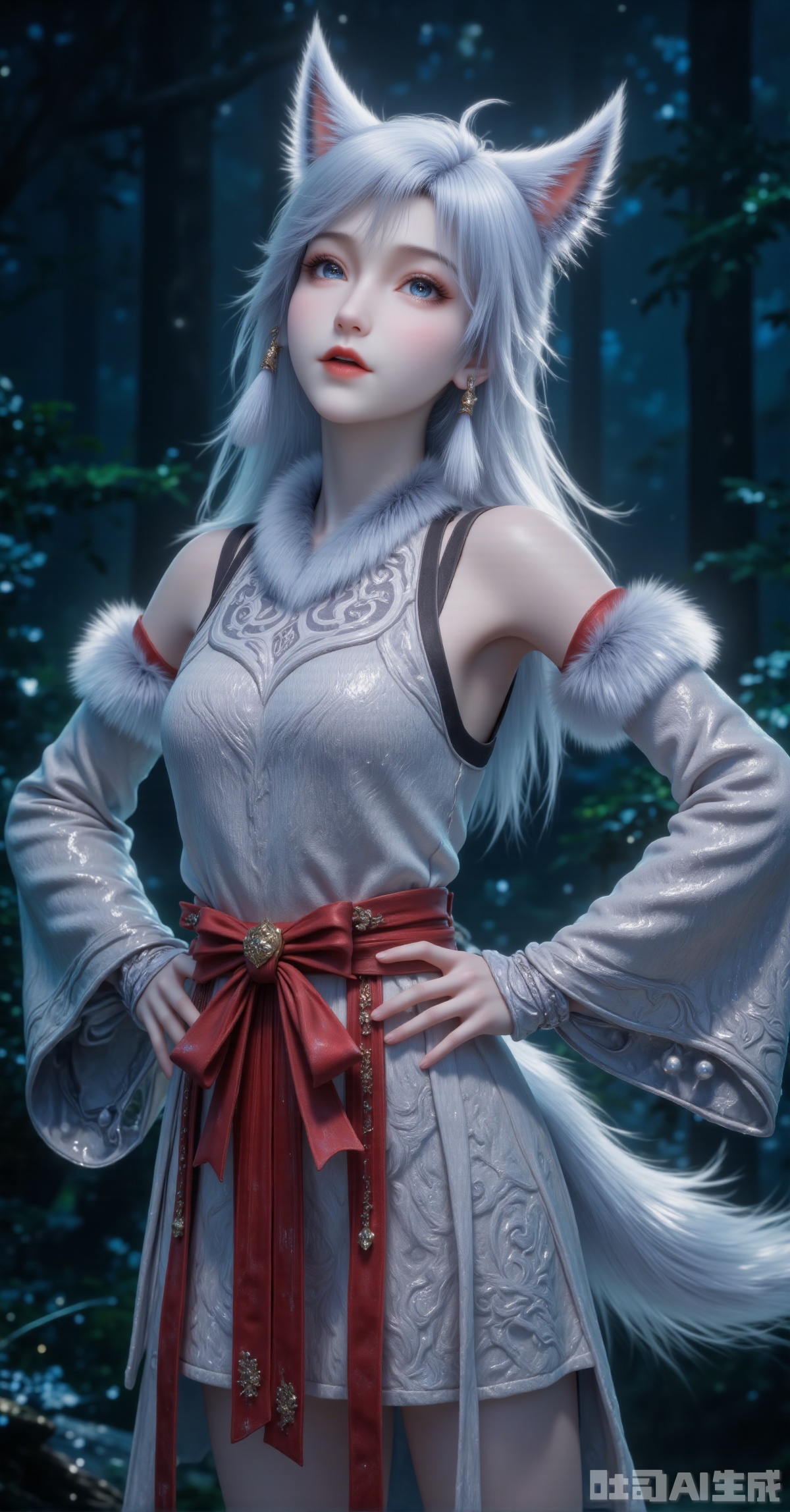 "A silver-fox-eared girl with long metallic gray hair, her fluffy white ears twitching slightly, strands subtly highlighted with pale blue. Wearing a sleeveless light gray top intricately embroidered with cloud and scroll motifs, shoulders adorned with pom-pom-like white fur trims. Matching long gloves with white fur cuffs edge her arms. A vivid vermilion obi tied in an oversized bow with gold clasp accents her waist. Expressive face—wide eyes gazing upward, slightly parted lips revealing tiny fangs, blushing cheeks flushed pink. Standing confidently with hands on hips, a bushy tail curling around her legs. The dim forest background of deep green and navy blue blurry foliage frames her backlit silhouette. Low-angle shot in 8K resolution emphasizing fur texture and embroidery precision."