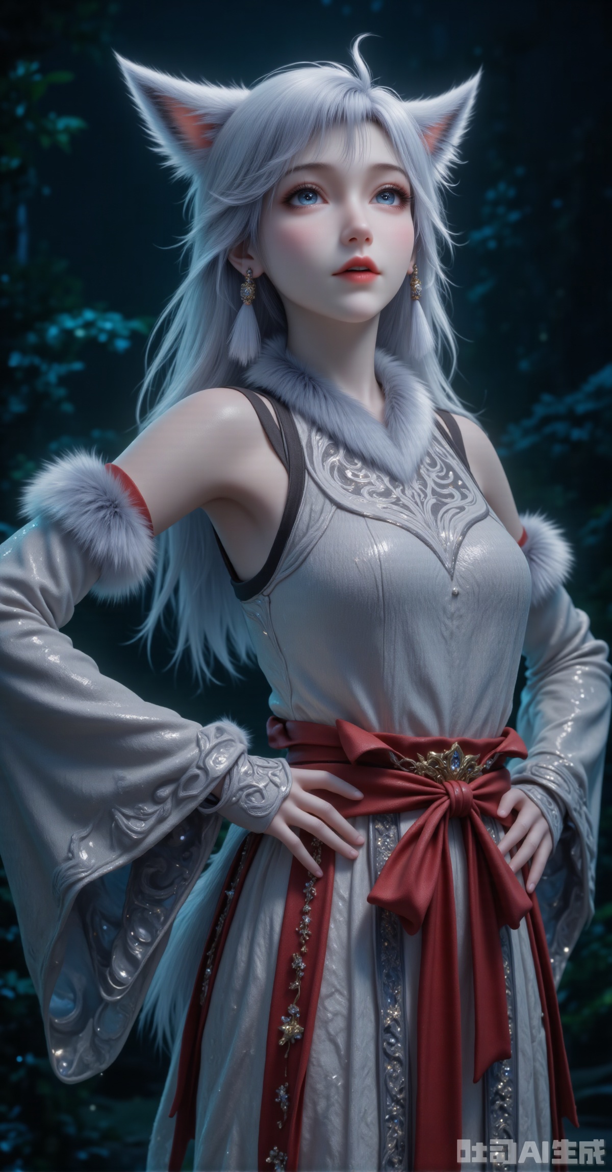 "A silver-fox-eared girl with long metallic gray hair, her fluffy white ears twitching slightly, strands subtly highlighted with pale blue. Wearing a sleeveless light gray top intricately embroidered with cloud and scroll motifs, shoulders adorned with pom-pom-like white fur trims. Matching long gloves with white fur cuffs edge her arms. A vivid vermilion obi tied in an oversized bow with gold clasp accents her waist. Expressive face—wide eyes gazing upward, slightly parted lips revealing tiny fangs, blushing cheeks flushed pink. Standing confidently with hands on hips, a bushy tail curling around her legs. The dim forest background of deep green and navy blue blurry foliage frames her backlit silhouette. Low-angle shot in 8K resolution emphasizing fur texture and embroidery precision."