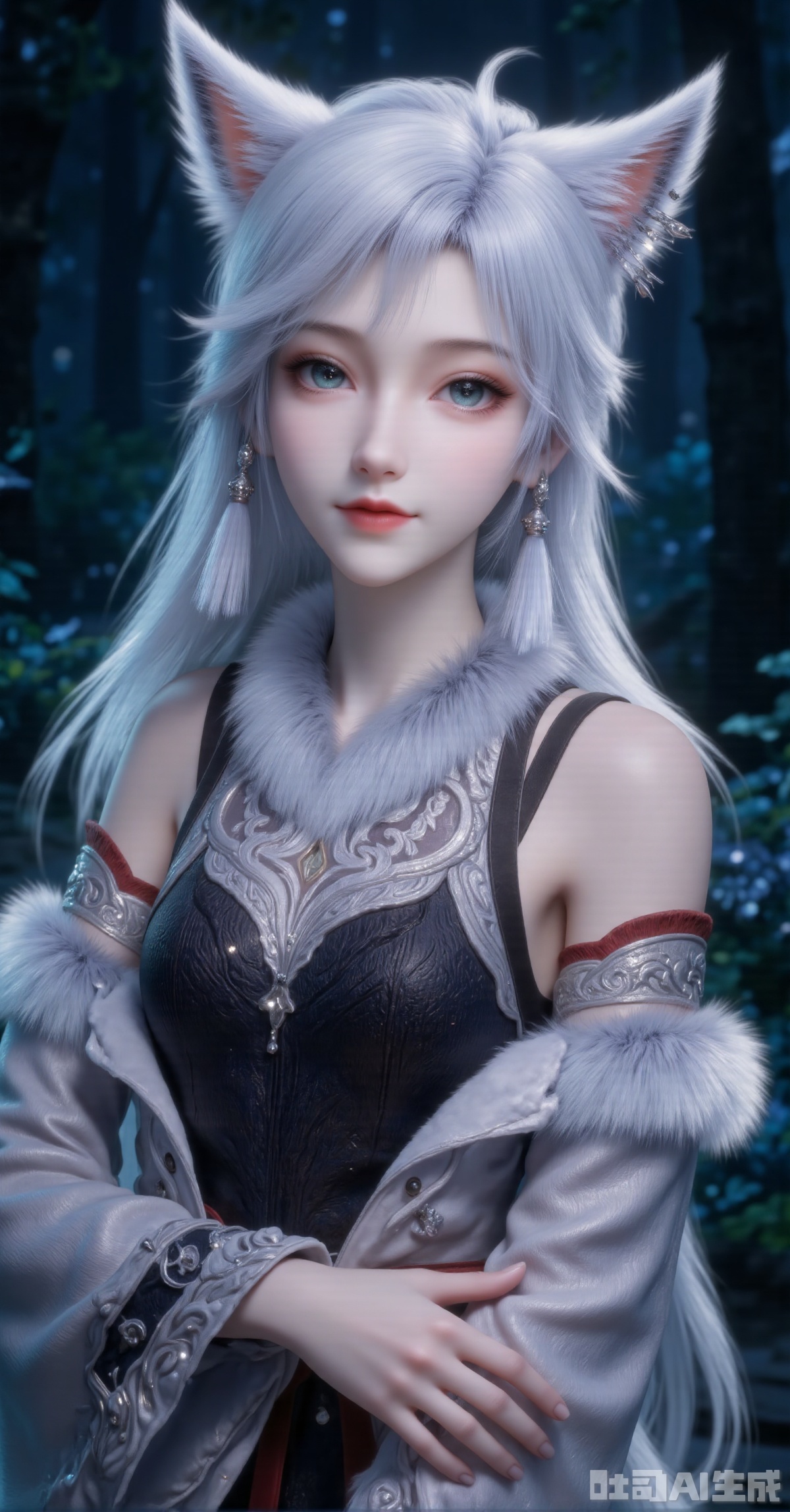 "A silver-haired kemonomimi girl with fluffy white fox ears showing pale pink inner fur, her aqua-green eyes gazing calmly toward frame right. Wearing a dark off-shoulder top with intricate edge detailing, wrapped in a voluminous white fur collar, left forearm clad in red-trimmed white fur bracer, silver tassel earrings dangling. The shadowy forest background blends blurred navy and pine-green foliage for mystique. Close-up composition with bokeh backdrop, cool-toned palette (silver/deep blue/forest green) accented by warm eye and ear hues. 8K resolution demanding fur strand separation, fabric texture and woodland depth."
