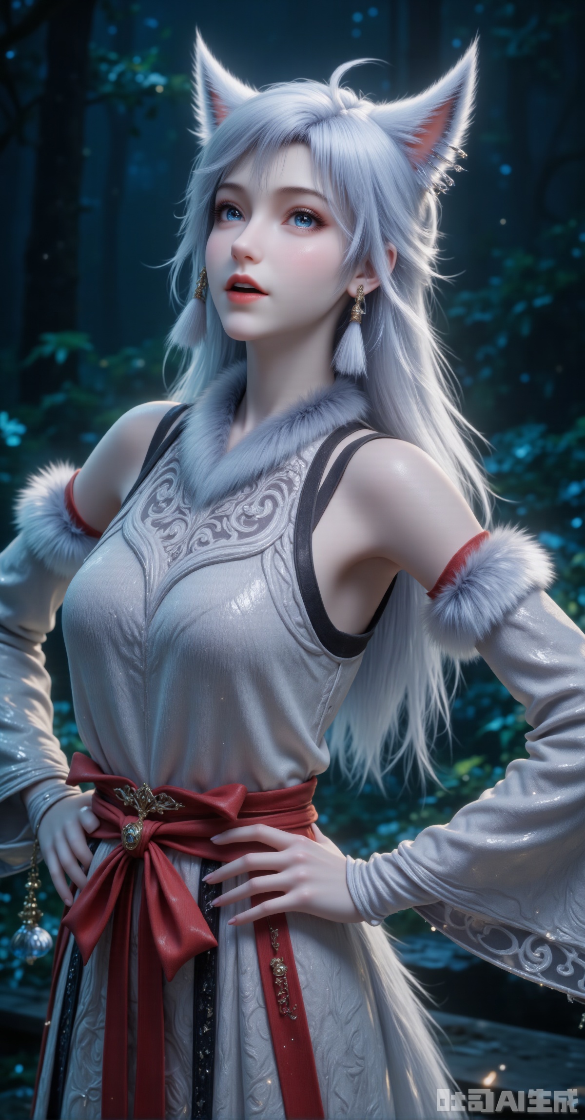 "A silver-fox-eared girl with long metallic gray hair, her fluffy white ears twitching slightly, strands subtly highlighted with pale blue. Wearing a sleeveless light gray top intricately embroidered with cloud and scroll motifs, shoulders adorned with pom-pom-like white fur trims. Matching long gloves with white fur cuffs edge her arms. A vivid vermilion obi tied in an oversized bow with gold clasp accents her waist. Expressive face—wide eyes gazing upward, slightly parted lips revealing tiny fangs, blushing cheeks flushed pink. Standing confidently with hands on hips, a bushy tail curling around her legs. The dim forest background of deep green and navy blue blurry foliage frames her backlit silhouette. Low-angle shot in 8K resolution emphasizing fur texture and embroidery precision."