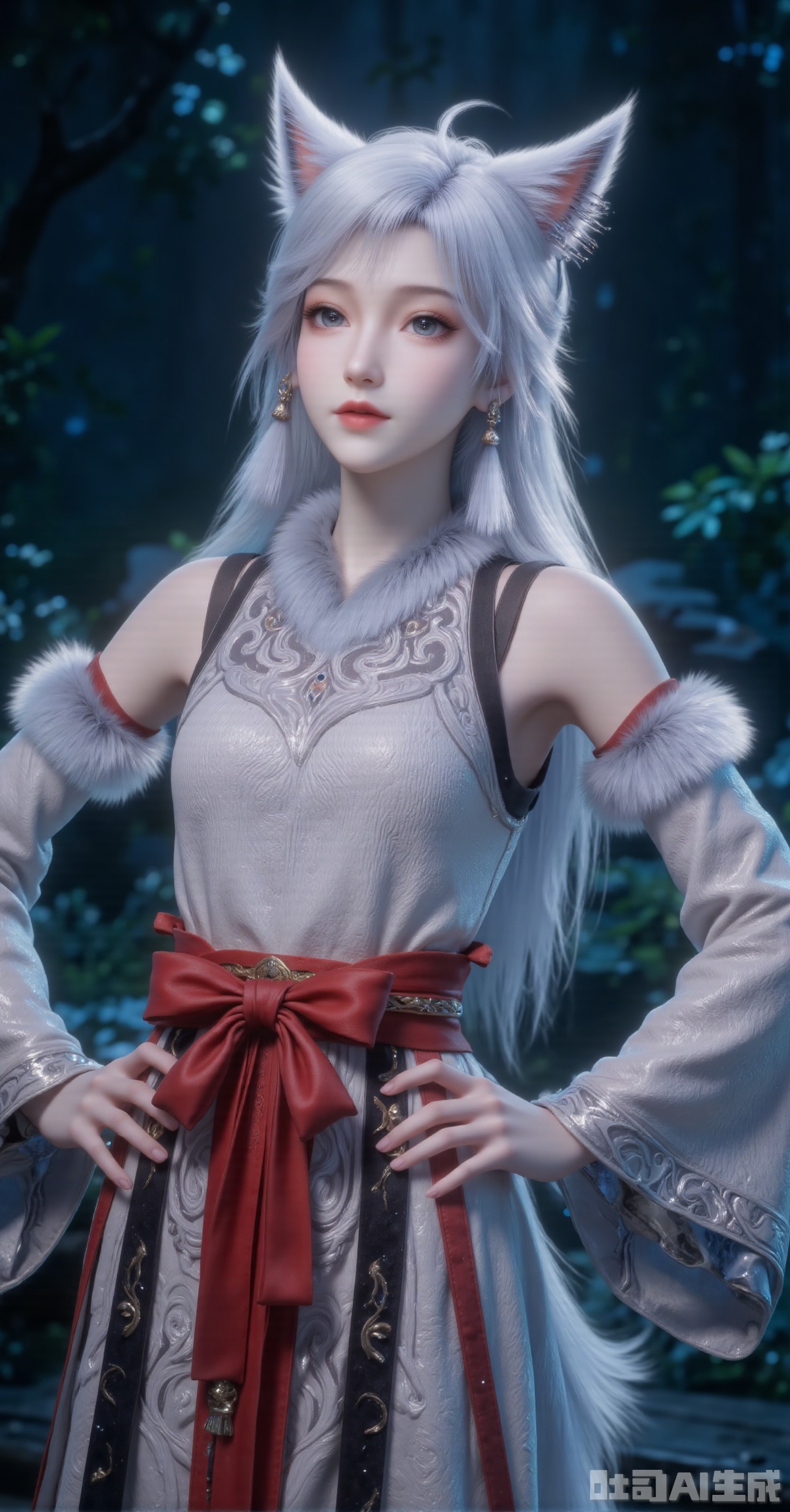 "A silver-fox-eared girl with long metallic gray hair, her fluffy white ears twitching slightly, strands subtly highlighted with pale blue. Wearing a sleeveless light gray top intricately embroidered with cloud and scroll motifs, shoulders adorned with pom-pom-like white fur trims. Matching long gloves with white fur cuffs edge her arms. A vivid vermilion obi tied in an oversized bow with gold clasp accents her waist. Expressive face—wide eyes gazing upward, slightly parted lips revealing tiny fangs, blushing cheeks flushed pink. Standing confidently with hands on hips, a bushy tail curling around her legs. The dim forest background of deep green and navy blue blurry foliage frames her backlit silhouette. Low-angle shot in 8K resolution emphasizing fur texture and embroidery precision."