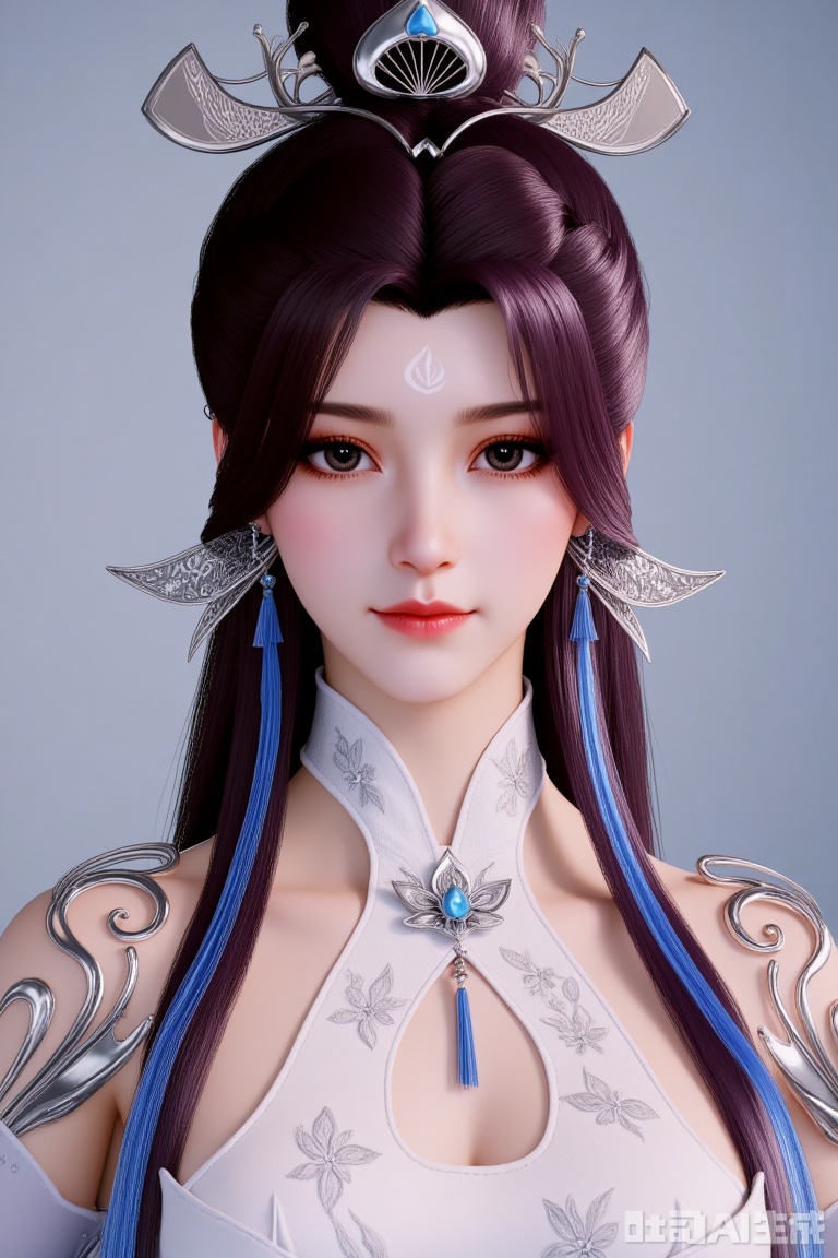 
1girl

solo

long hair

looking at viewer

brown hair

hair ornament

dress

jewelry

upper body

earrings

hair bun

white dress

sash

clothing cutout

facial mark

forehead mark

linqingzhu