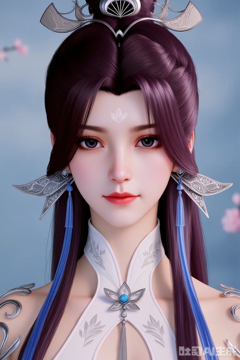
1girl

solo

long hair

looking at viewer

brown hair

hair ornament

dress

jewelry

upper body

earrings

hair bun

white dress

sash

clothing cutout

facial mark

forehead mark

linqingzhu