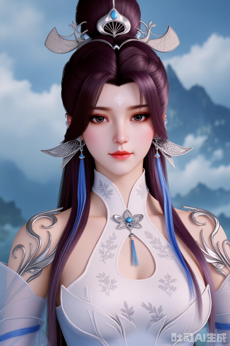 
1girl

solo

long hair

looking at viewer

brown hair

hair ornament

dress

jewelry

upper body

earrings

hair bun

white dress

sash

clothing cutout

facial mark

forehead mark

linqingzhu
