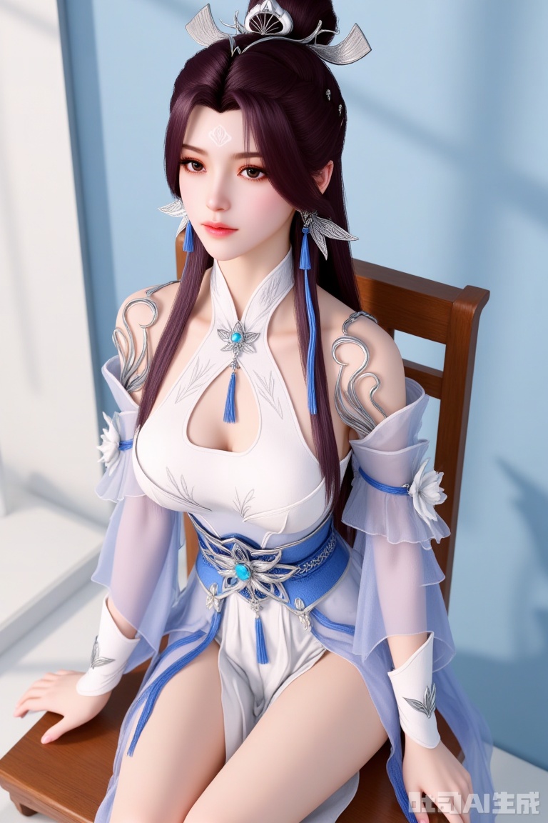 1 girl
Single person
Long hair
Looking at the viewer
Brown hair
Hair accessory
Dress
Jewelry
Belt
Earrings
Bun
White dress
Belt
Cut-out design on clothing
Facial mark
Forehead mark
Sitting on a chair
Solid color background
Light and shadow
Full of natural light.