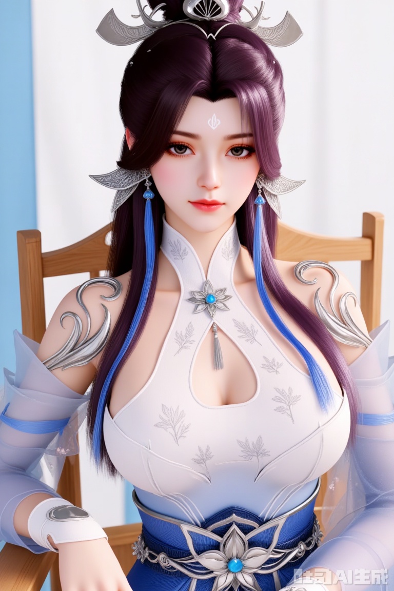1 girl
Single person
Long hair
Looking at the viewer
Brown hair
Hair accessory
Dress
Jewelry
Belt
Earrings
Bun
White dress
Belt
Cut-out design on clothing
Facial mark
Forehead mark
Sitting on a chair
Solid color background
Light and shadow
Full of natural light.