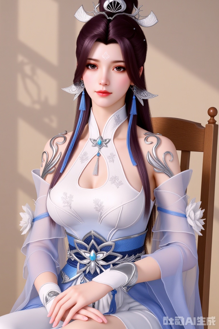 1 girl
Single person
Long hair
Looking at the viewer
Brown hair
Hair accessory
Dress
Jewelry
Belt
Earrings
Bun
White dress
Belt
Cut-out design on clothing
Facial mark
Forehead mark
Sitting on a chair
Solid color background
Light and shadow
Full of natural light.