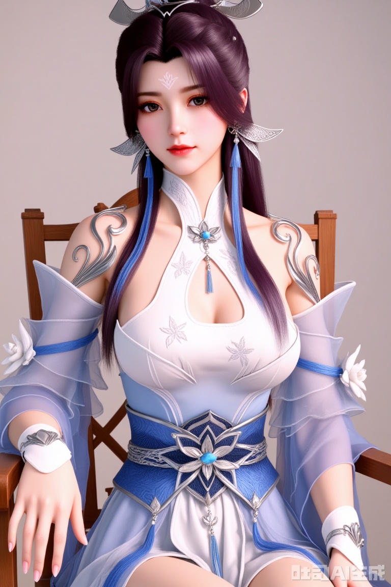 1 girl
Single person
Long hair
Looking at the viewer
Brown hair
Hair accessory
Dress
Jewelry
Belt
Earrings
Bun
White dress
Belt
Cut-out design on clothing
Facial mark
Forehead mark
Sitting on a chair
Solid color background
Light and shadow
Full of natural light.