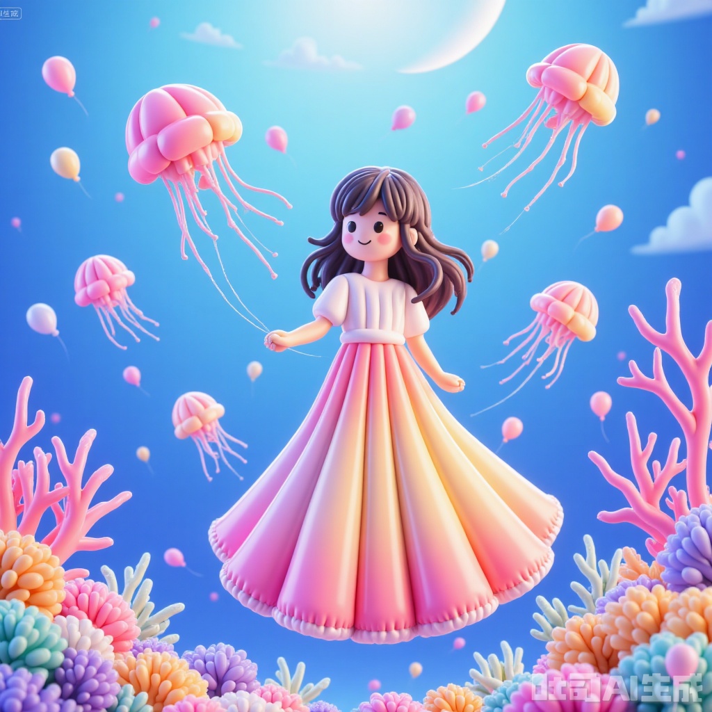 masterpiece, best quality, extreme aesthetic, newest,amazing quality,beautiful color,anime,anime color,line art,line style,A young girl, exquisite and beautiful, with deep-sea fish and various colors of coral and jellyfish, sky,clouds,flowers,plants,sea anemones, corals, psychedelic, various marine creatures, bright color combinations, fantasy7033, sangonomiyakokom, waterM, line art,line style, line art,dress,by mery (yangmalgage),moon,sun,by suda ayaka,Expansive style
