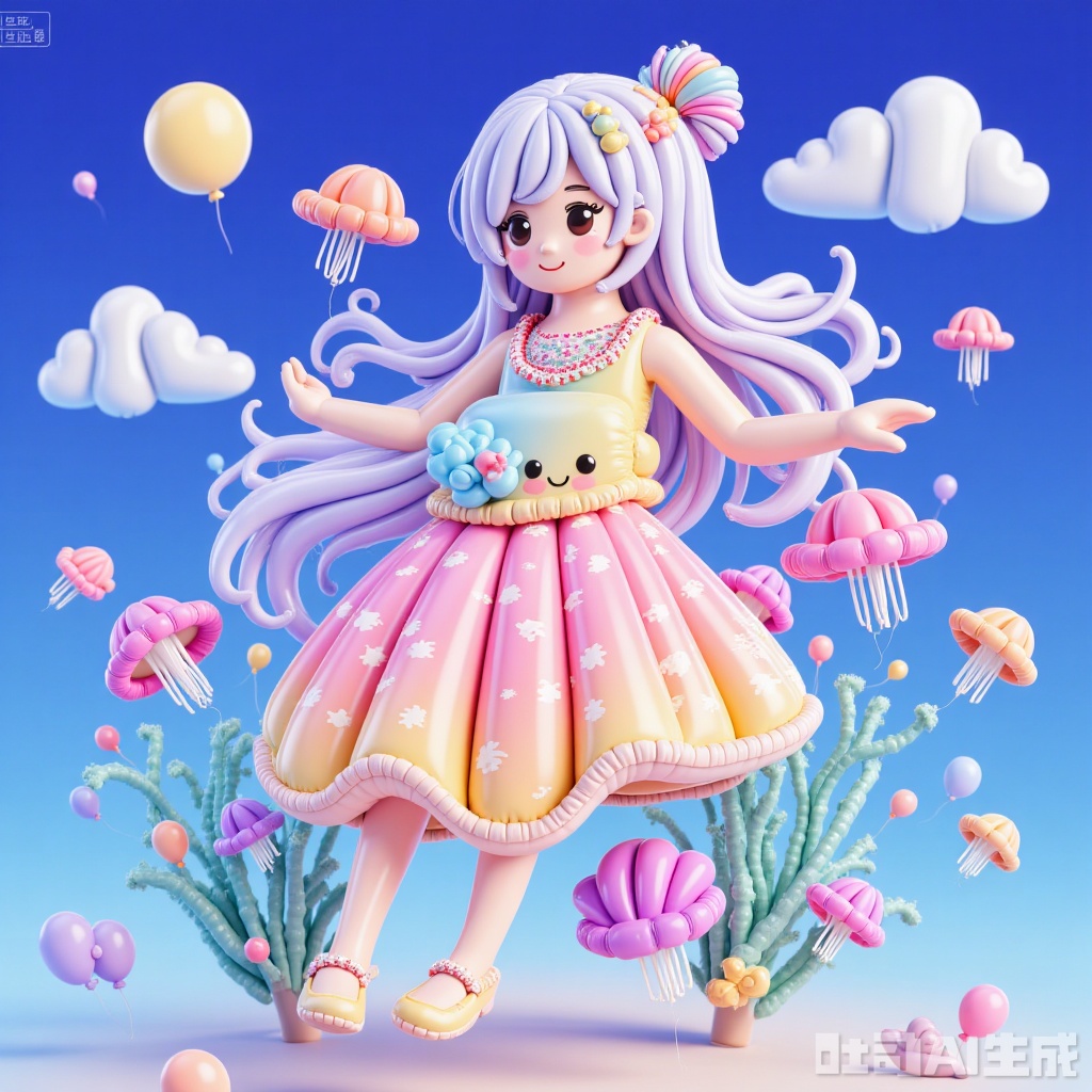 masterpiece, best quality, extreme aesthetic, newest,amazing quality,beautiful color,anime,anime color,line art,line style,A young girl, exquisite and beautiful, with deep-sea fish and various colors of coral and jellyfish, sky,clouds,flowers,plants,sea anemones, corals, psychedelic, various marine creatures, bright color combinations, fantasy7033, sangonomiyakokom, waterM, line art,line style, line art,dress,by mery (yangmalgage),moon,sun,by suda ayaka,Expansive style