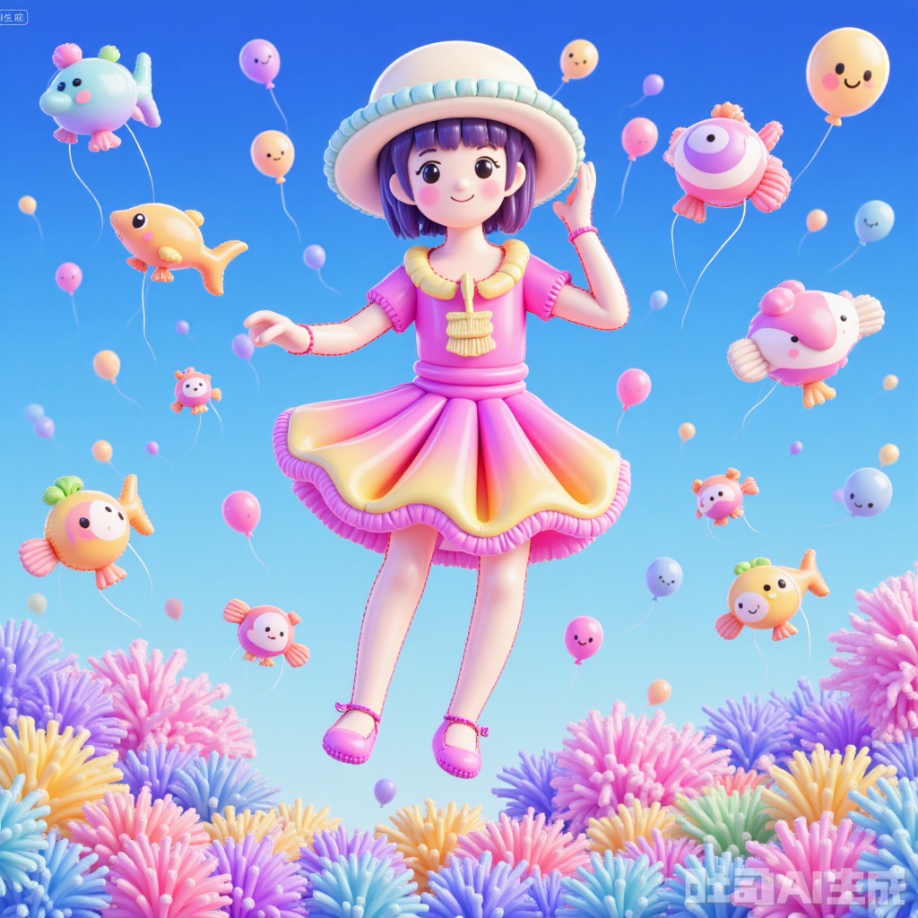 masterpiece, best quality, extreme aesthetic, newest,amazing quality,beautiful color,anime,anime color,line art,line style,A young girl, exquisite and beautiful, with deep-sea fish and various colors of coral and jellyfish, sky,clouds,flowers,plants,sea anemones, corals, psychedelic, various marine creatures, bright color combinations, fantasy7033, sangonomiyakokom, waterM, line art,line style, line art,dress,by mery (yangmalgage),moon,sun,by suda ayaka