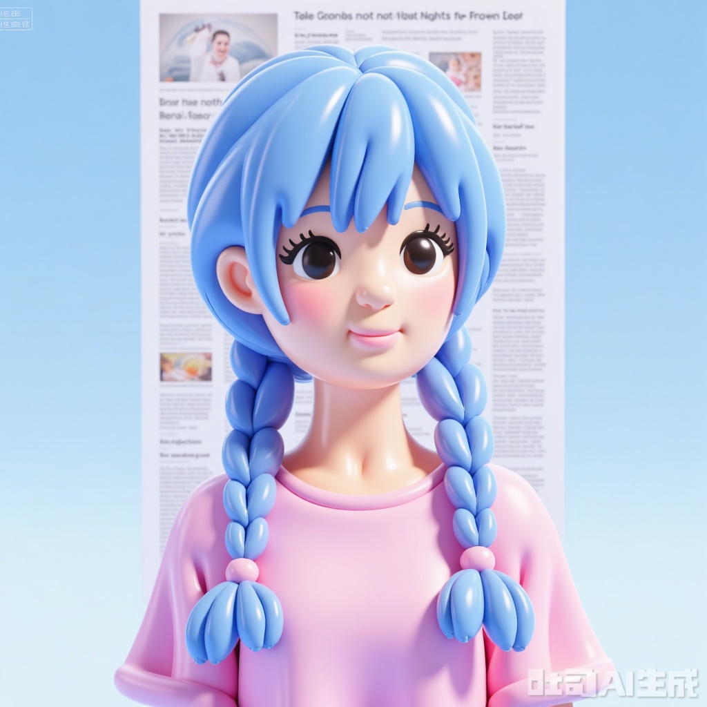  High quality, multi detail, 1 girl, all blue hair, blue hair, pink hair, braids, double braids, blue braids, blue braids, long hair, pompadu hair, bangs, big bangs, silly hair, big silly hair, fluffy hair, T-shirt, upper body, exquisite face, clear eyes, sapphire eyes, newspaper wall, clear newspaper content, 8k, HD,Expansive style