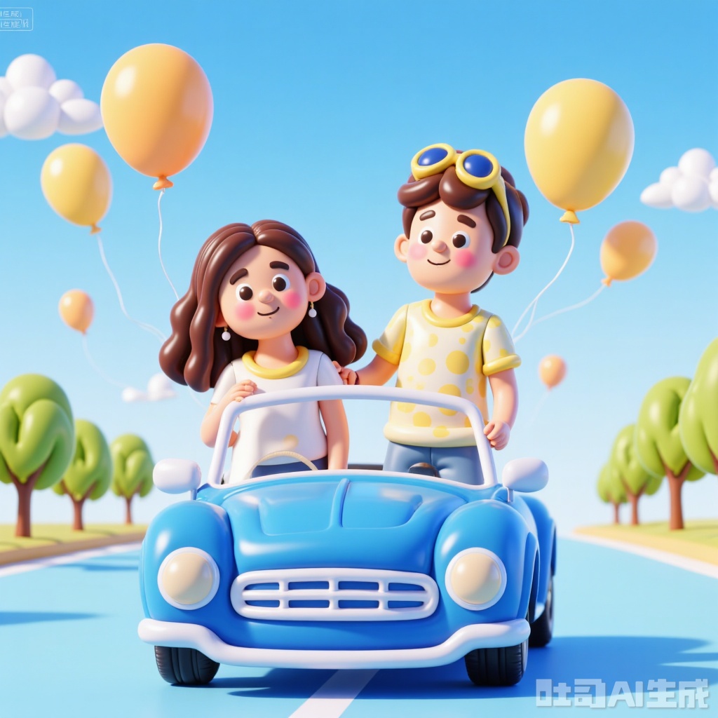 Two young and energetic boys and a girl happily sit in a classic blue convertible car.This girl is sitting in the driver's seat, with long wavy brown hair, wearing a white off shoulder sun dress, and surrounded by black fungus edges. She has a cheerful expression, wide open eyes, and a bright smile. Wearing colorful earrings on the ears and a blue yellow fruit necklace around the neck. Wearing a bracelet on the wrist.The boy is standing on the passenger seat. The boy has short brown hair and is wearing a pure white short sleeved shirt with yellow flowers and playful leaf patterns in deep blue, light blue, and green. He also had a smile on his face, with his left hand supporting the sunglasses on his forehead to prevent them from being blown off by the wind, and a delicate watch on his left hand. Holding the girl's shoulder on the right side with your right hand, wearing exquisite blue and yellow woven ropes. Wearing light blue pants. A white belt.The background is a clear blue sky and a few fluffy white clouds, implying a sunny summer day. A few scattered yellow balloons floated in the air, with passing trees on both sides, adding to the festive atmosphere. The interior of this car is decorated with a windshield and steering wheel, giving it a realistic texture. The overall style of the illustrations is bright, colorful, and cartoonish, with smooth lines that give people a playful and whimsical feeling. This photo captures a carefree and joyful moment, emphasizing the happiness and innocence of childhood.,Expansive style