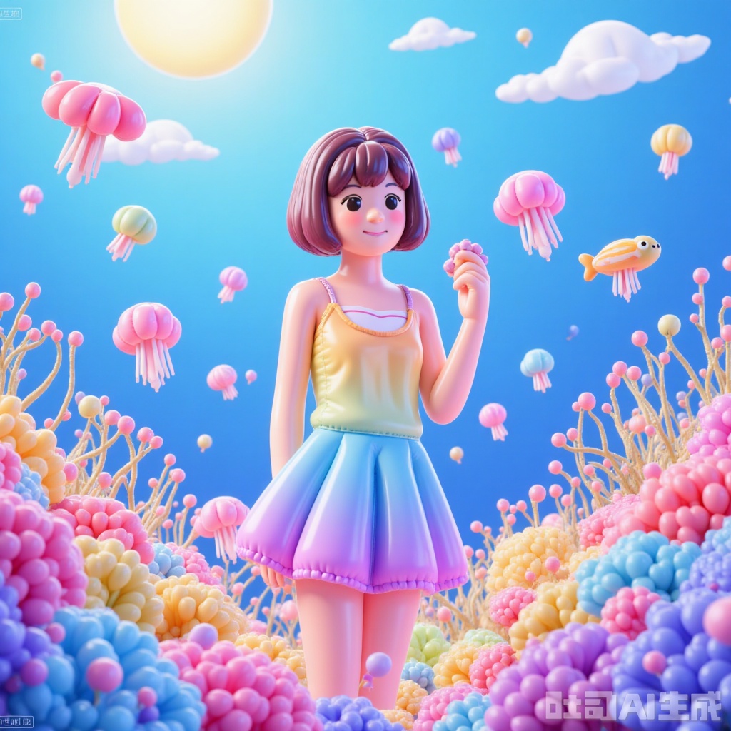 masterpiece, best quality, extreme aesthetic, newest,amazing quality,beautiful color,anime,anime color,line art,line style,A young girl, exquisite and beautiful, with deep-sea fish and various colors of coral and jellyfish, sky,clouds,flowers,plants,sea anemones, corals, psychedelic, various marine creatures, bright color combinations, fantasy7033, sangonomiyakokom, waterM, line art,line style, line art,dress,by mery (yangmalgage),moon,sun,by suda ayaka