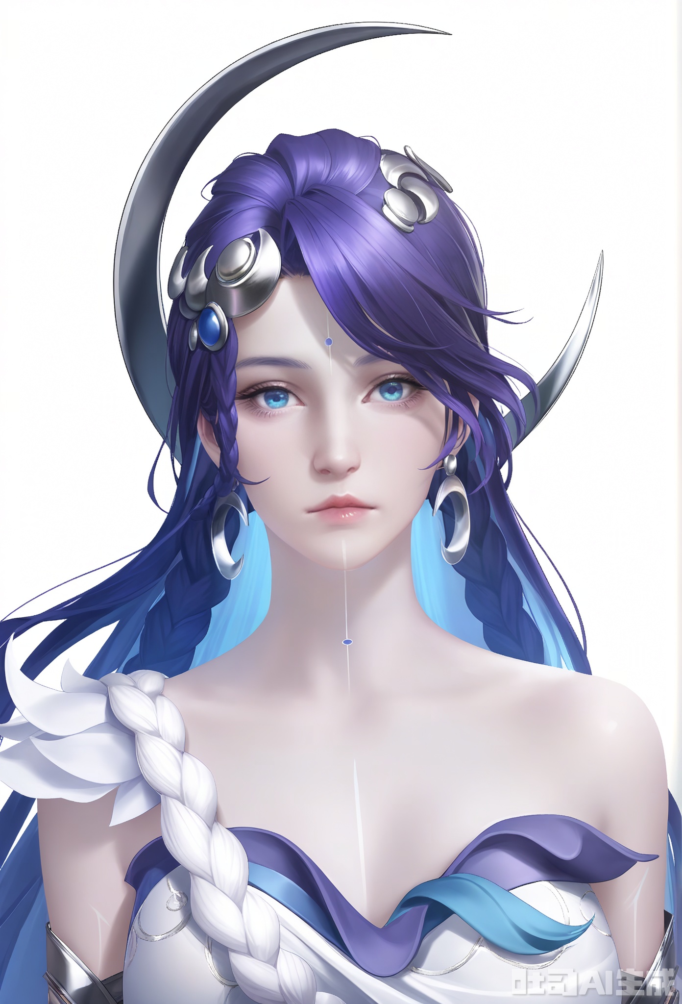 (simple background, white background),
front view, look at viewer, upper body, (realistic:1.2), expressionless,
Kuze\(hy\)\(wzry\), 1girl, solo, mature female, purple hair, long hair, hair ornament, blue eyes, (facial mark), earrings, asymmetrical top, silver accents, silver armband, 