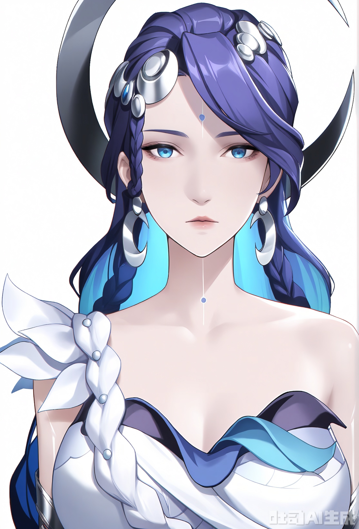 (simple background, white background),
front view, look at viewer, upper body, (anime:1.2), expressionless,
Kuze\(hy\)\(wzry\), 1girl, solo, mature female, purple hair, long hair, hair ornament, blue eyes, (facial mark), earrings, asymmetrical top, silver accents, silver armband, 