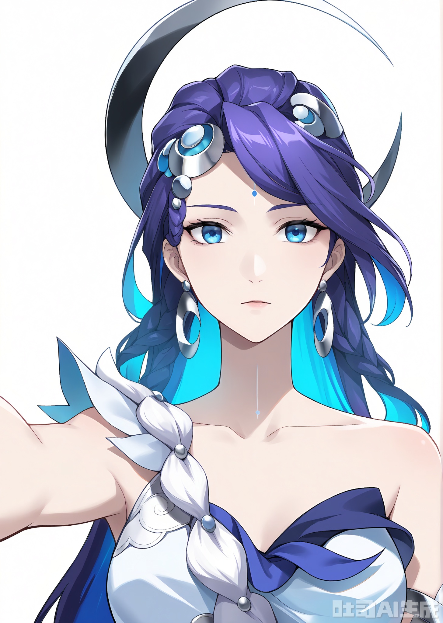 (simple background, white background:1.2),
front view, look at viewer, outstretched arms, upper body, close up, (anime:1.2),
Kuze\(hy\)\(wzry\), 1girl, solo, purple hair, long hair, hair ornament, blue eyes, facial mark, earrings, asymmetrical top, silver accents, 