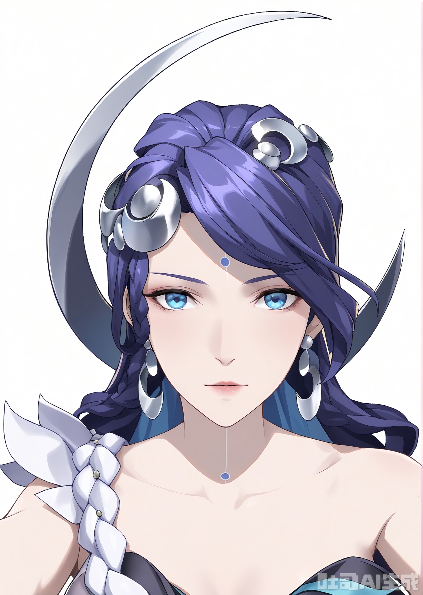 (simple background, white background:1.2),
front view, look at viewer, outstretched arms, upper body, close up, (anime:1.2),
Kuze\(hy\)\(wzry\), 1girl, solo, mature female, purple hair, long hair, hair ornament, blue eyes, (facial mark), earrings, asymmetrical top, silver accents, 