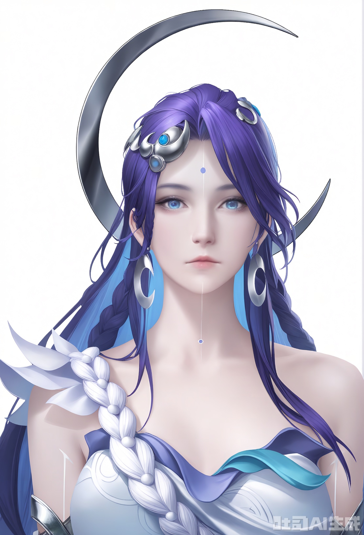 (simple background, white background),
front view, look at viewer, upper body, (realistic:1.2), expressionless,
Kuze\(hy\)\(wzry\), 1girl, solo, mature female, purple hair, long hair, hair ornament, blue eyes, (facial mark), earrings, asymmetrical top, silver accents, silver armband, 