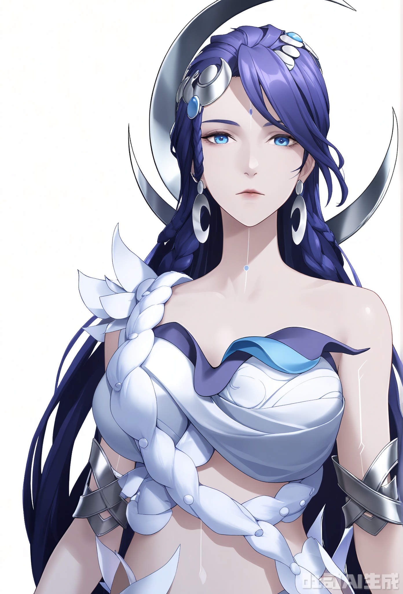 (simple background, white background),
front view, look at viewer, upper body, (anime:1.2), expressionless,
Kuze\(hy\)\(wzry\), 1girl, solo, mature female, purple hair, long hair, hair ornament, blue eyes, (facial mark), earrings, asymmetrical top, silver accents, silver armband, 
