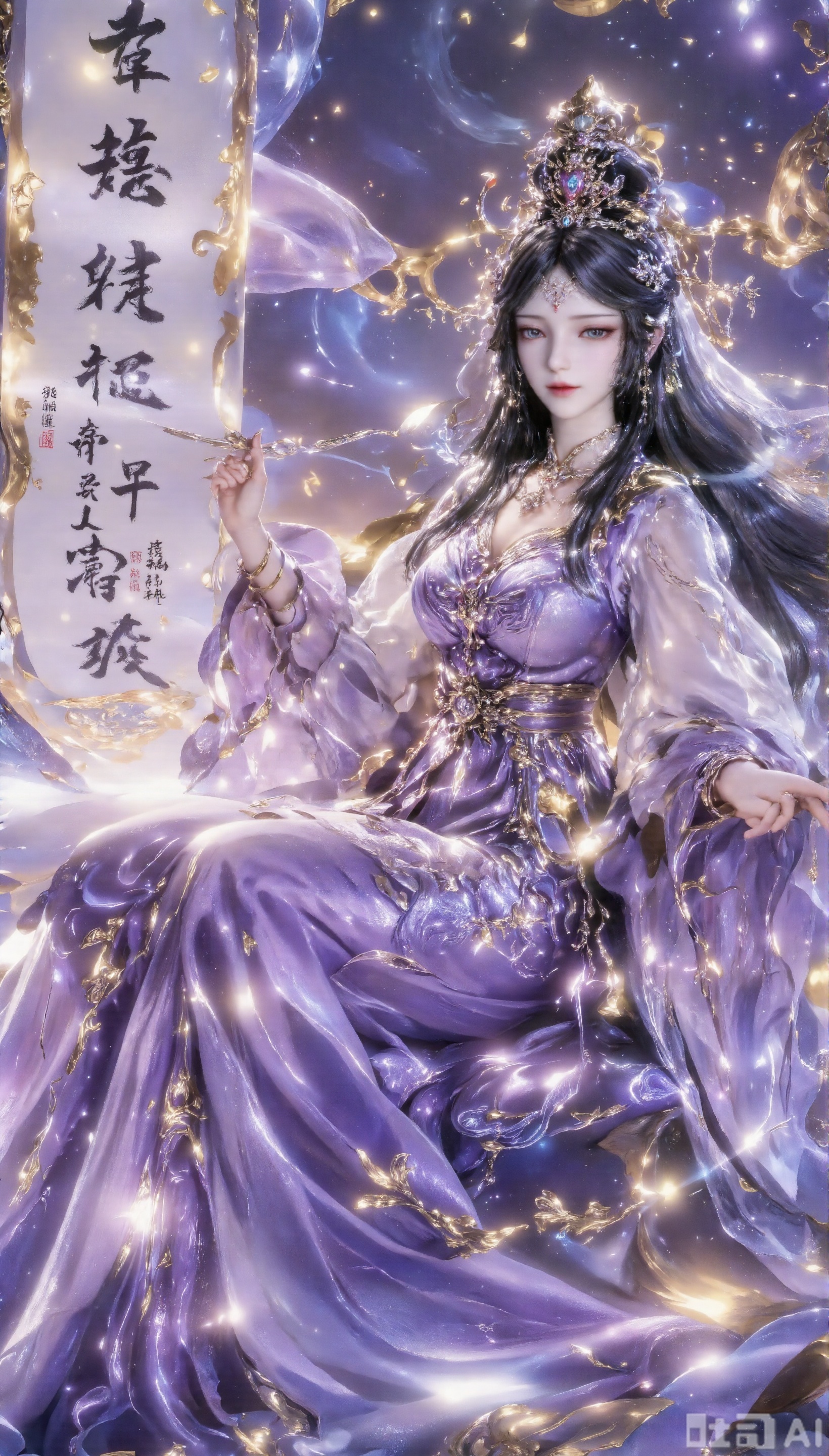 Girl, solo, watching the audience, smiling, bangs, dresses, jewelry, blue eyes, earrings, black hair, long hair, sitting on a huge scroll, calligraphy, writing, Sanchuan Jiangjuan, long skirt, purple skirt, ancient costume,