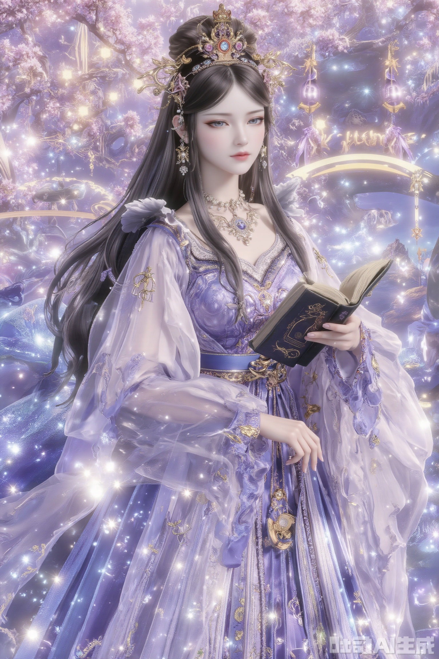 Quiet fairyland scene: a stunning beauty is sitting, and her delicate black hair cleverly outlines her face. She has a book in her hand. Her charming figure shows her outstanding temperament. It complements the soft sunshine around her. Plum blossoms in full bloom in the distance and wind chimes hanging on them add a little vitality to the quiet scenery, as if frozen in time.1 girl, solo, long hair, black hair, hair accessories, long sleeves, dresses, jewelry, necklaces, Hanfu, blue eyes, black hair, hair accessories, long sleeves, dresses, jewelry, blue skirts, Hanfu, shawls, headdresses, walking, bun.