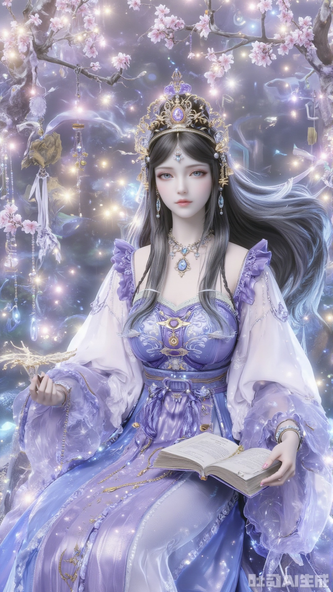 Quiet fairyland scene: a stunning beauty is sitting, and her delicate black hair cleverly outlines her face. She has a book in her hand. Her charming figure shows her outstanding temperament. It complements the soft sunshine around her. Plum blossoms in full bloom in the distance and wind chimes hanging on them add a little vitality to the quiet scenery, as if frozen in time.1 girl, solo, long hair, black hair, hair accessories, long sleeves, dresses, jewelry, necklaces, Hanfu, blue eyes, black hair, hair accessories, long sleeves, dresses, jewelry, blue skirts, Hanfu, shawls, headdresses, walking, bun.