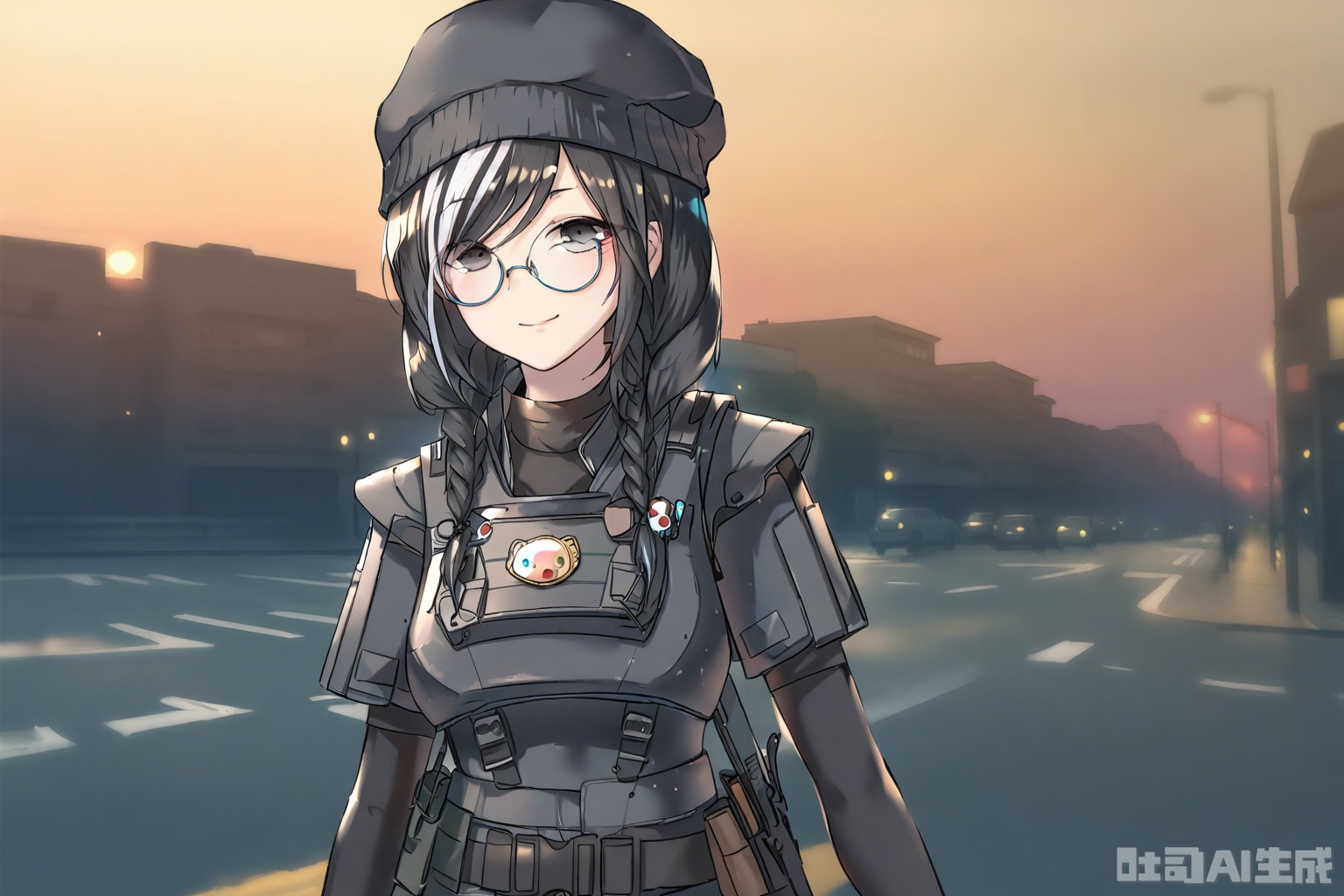 masterpiece,best quality,illustration,ultra detailed,hdr,Depth of field,(colorful),Artist rokusai,1girl,dusk,street,solo,white streaked hair,long sleeves,black pants,black gloves,black belt,fingerless gloves,black beanie,breastplate,black turtleneck,black headwear,twin braids,glasses,shoulder armor,short hair,black eyes,black boots,black Tactical equipment,black hair