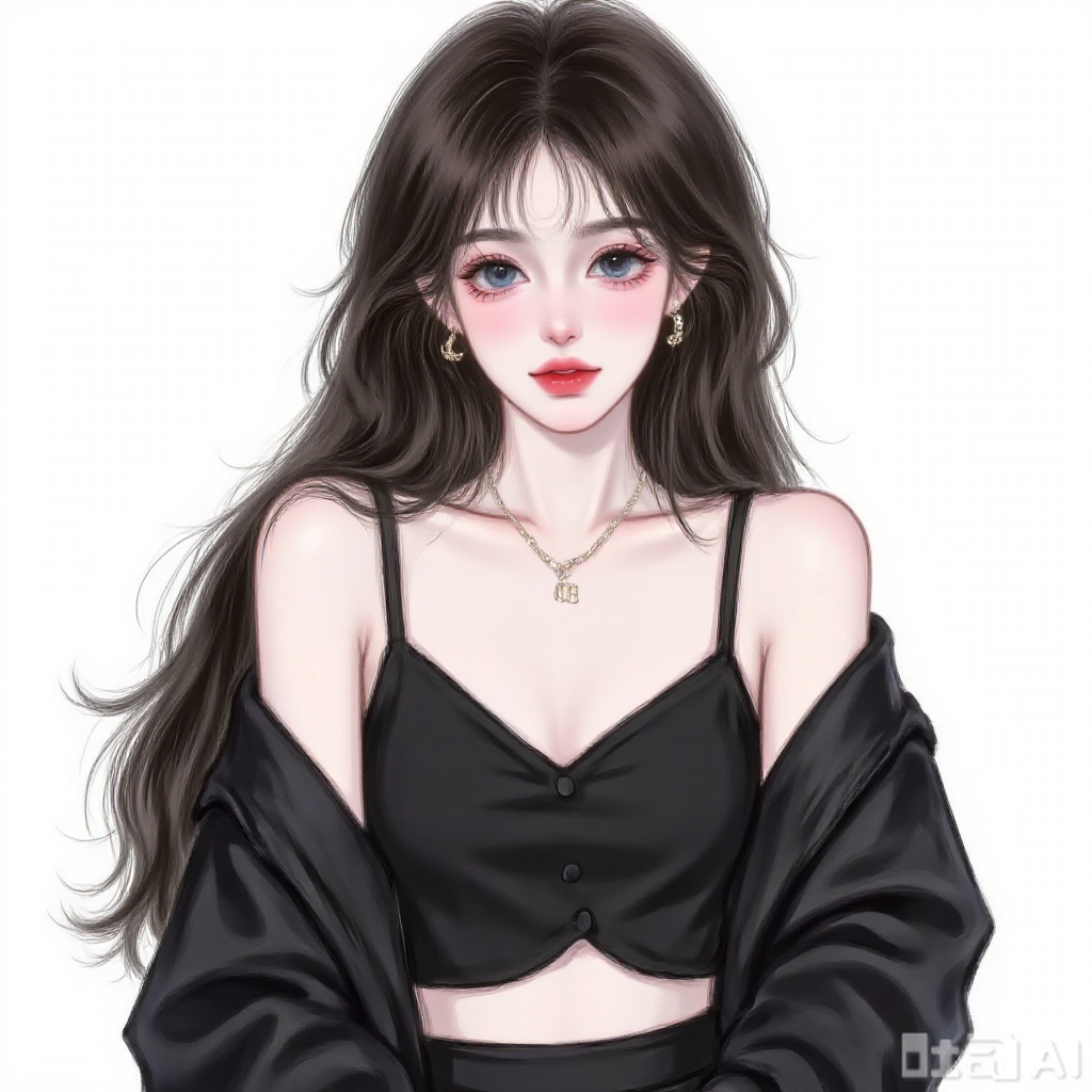 1 girl, solo, long hair, viewer, blue eyes, simple background, black hair, white background, jacket, upper body, ponytail, pink hair card, earrings, separate lips, necklace, black jacket, navel top, ring, black nails, watch, watch