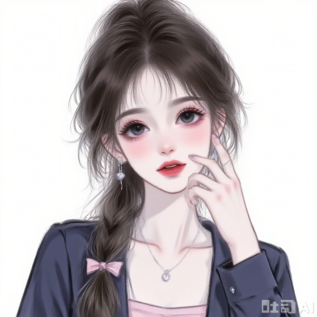 1 girl, solo, long hair, viewer, blue eyes, simple background, black hair, white background, jacket, upper body, ponytail, pink hair card, earrings, separate lips, necklace, black jacket, navel top, ring, black nails, watch, watch