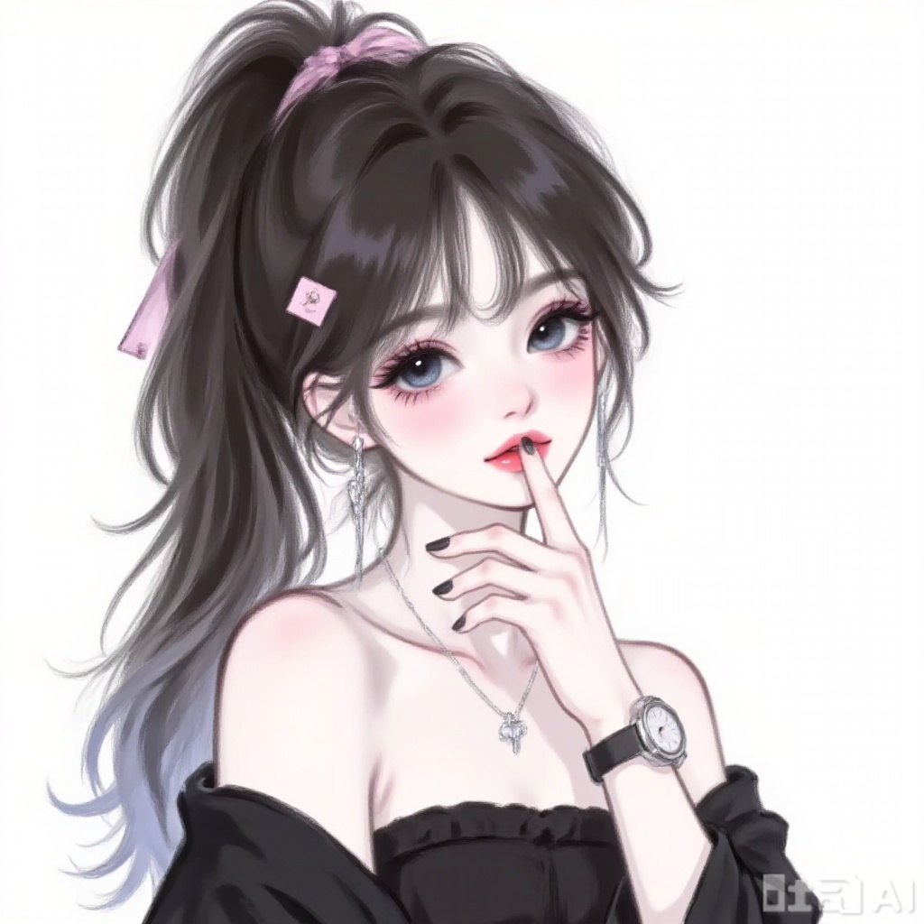 1 girl, solo, long hair, viewer, blue eyes, simple background, black hair, white background, jacket, upper body, ponytail, pink hair card, earrings, separate lips, necklace, black jacket, navel top, ring, black nails, watch, watch