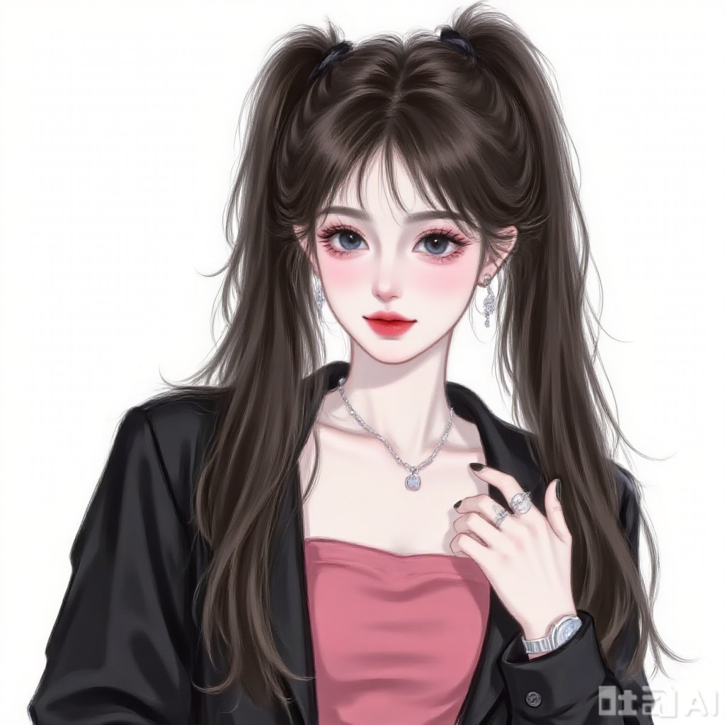 1 girl, solo, long hair, viewer, blue eyes, simple background, black hair, white background, jacket, upper body, ponytail, pink hair card, earrings, separate lips, necklace, black jacket, navel top, ring, black nails, watch, watch