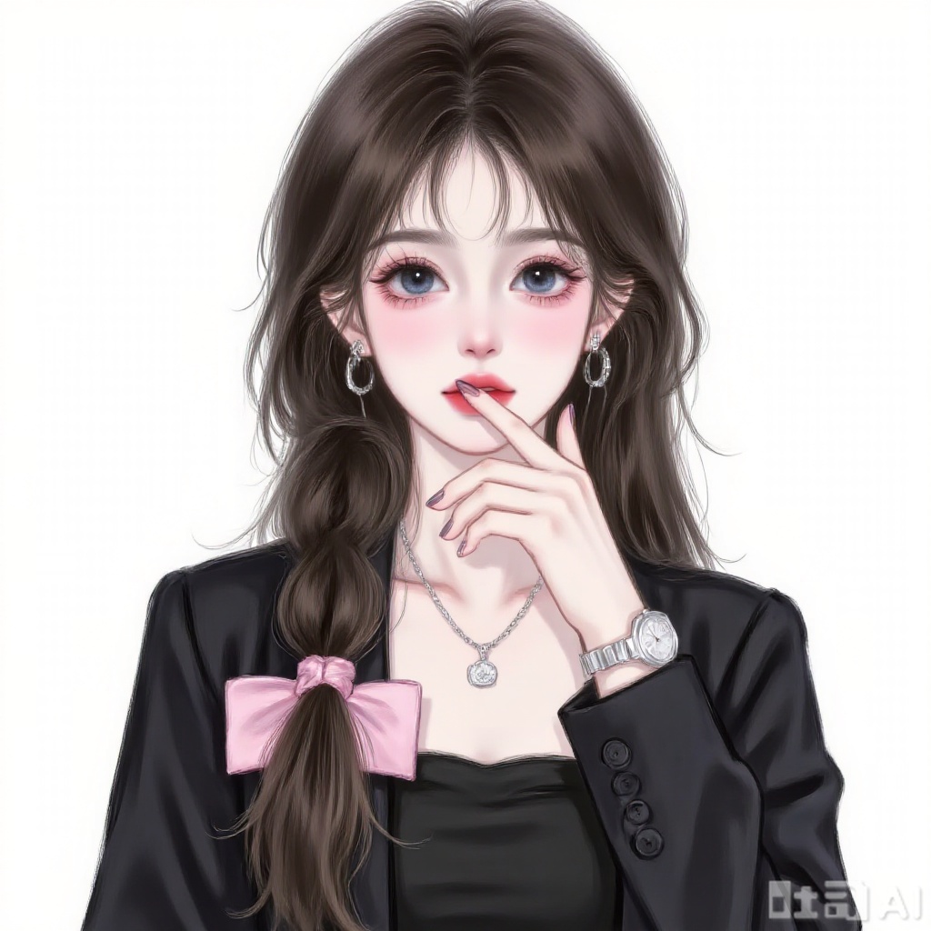 1 girl, solo, long hair, viewer, blue eyes, simple background, black hair, white background, jacket, upper body, ponytail, pink hair card, earrings, separate lips, necklace, black jacket, navel top, ring, black nails, watch, watch