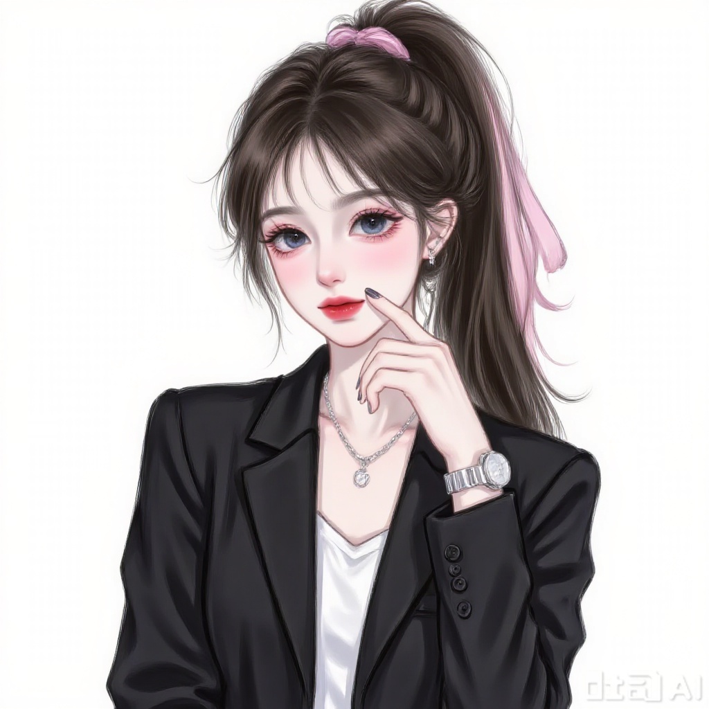 1 girl, solo, long hair, viewer, blue eyes, simple background, black hair, white background, jacket, upper body, ponytail, pink hair card, earrings, separate lips, necklace, black jacket, navel top, ring, black nails, watch, watch