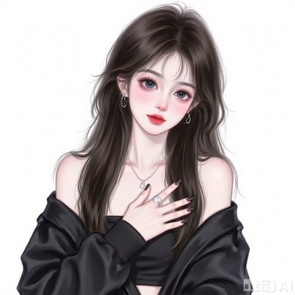 1 girl, solo, long hair, viewer, blue eyes, simple background, black hair, white background, jacket, upper body, ponytail, pink hair card, earrings, separate lips, necklace, black jacket, navel top, ring, black nails, watch, watch
